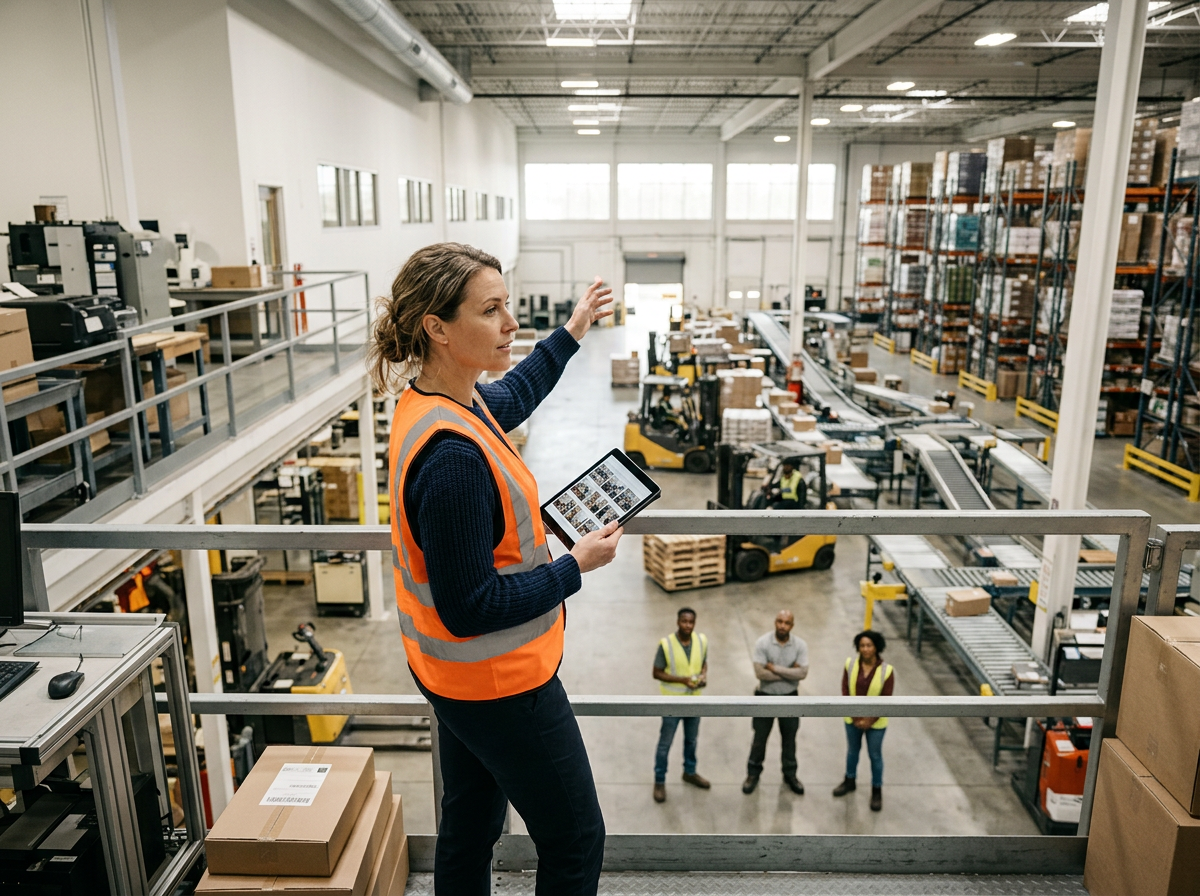 A woman in an orange safety vest holding a tablet stands on a mezzanine overlooking a large warehouse with warehouse workers and machinery.