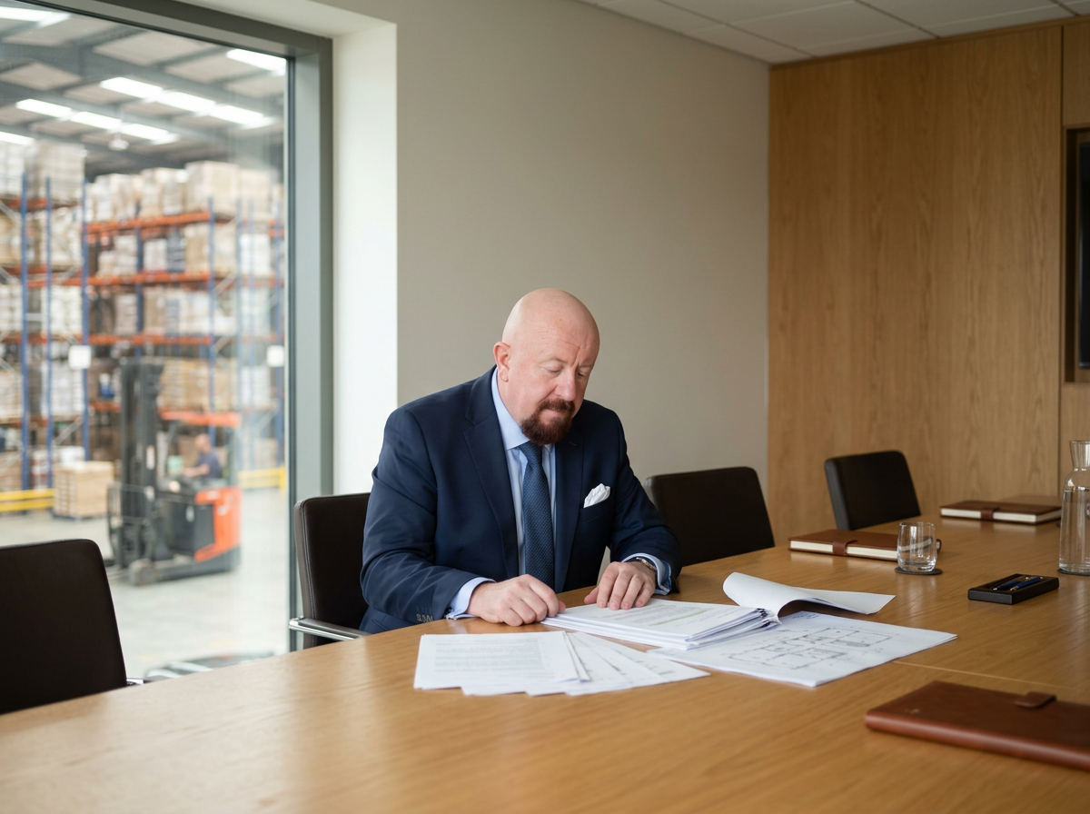 A man in a navy suit reading documents at a conference table in a boardroom, with a warehouse visible through a large window behind him.