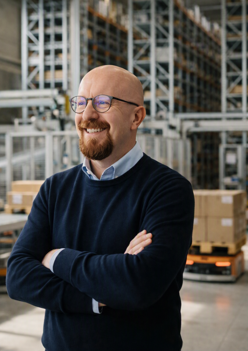 A man with glasses and a beard smiling and standing with arms crossed in a warehouse filled with shelves and boxes.