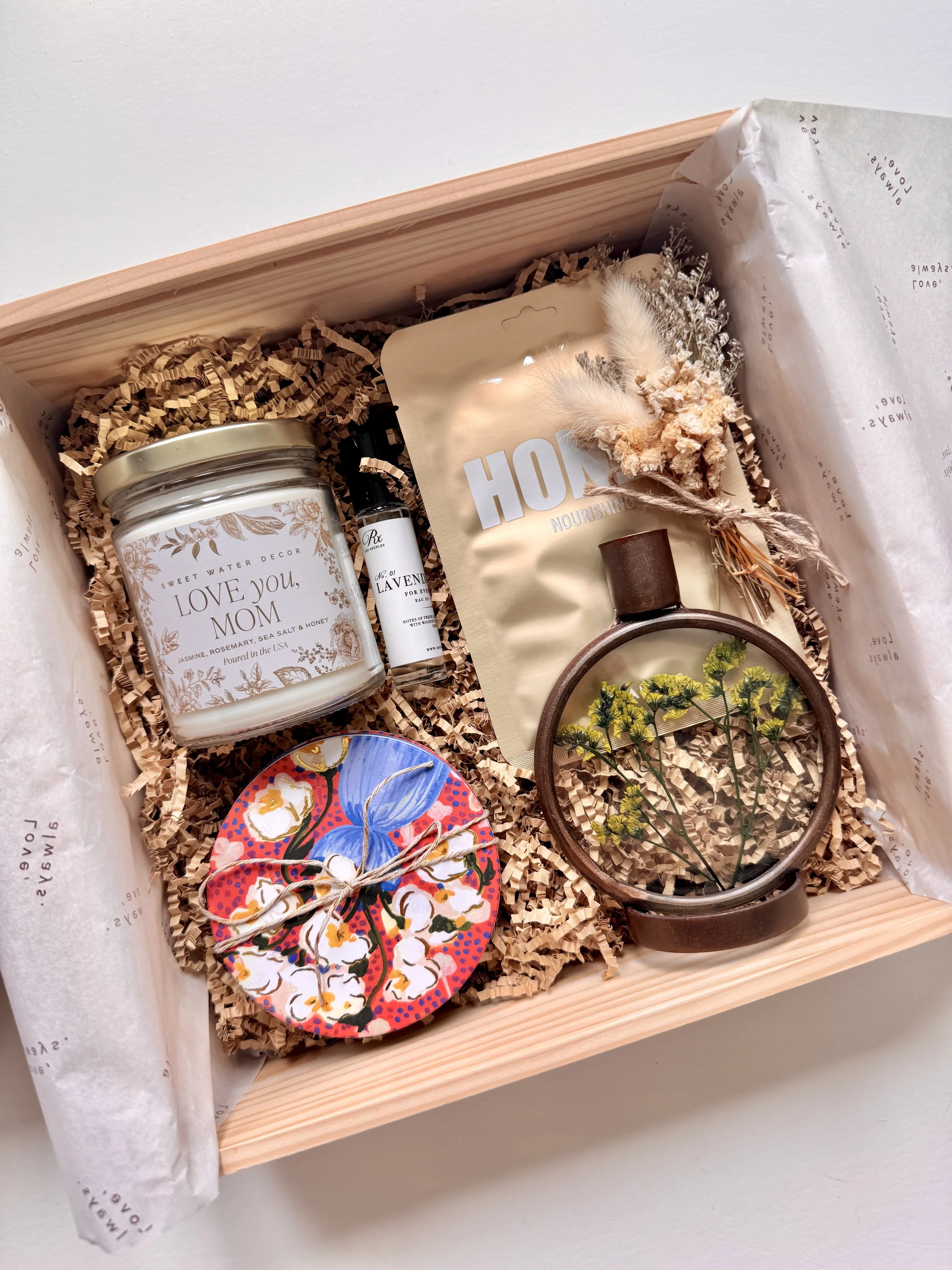 Mother's Day gift box for mom with self-care items, candle, perfume, and heartfelt packaging