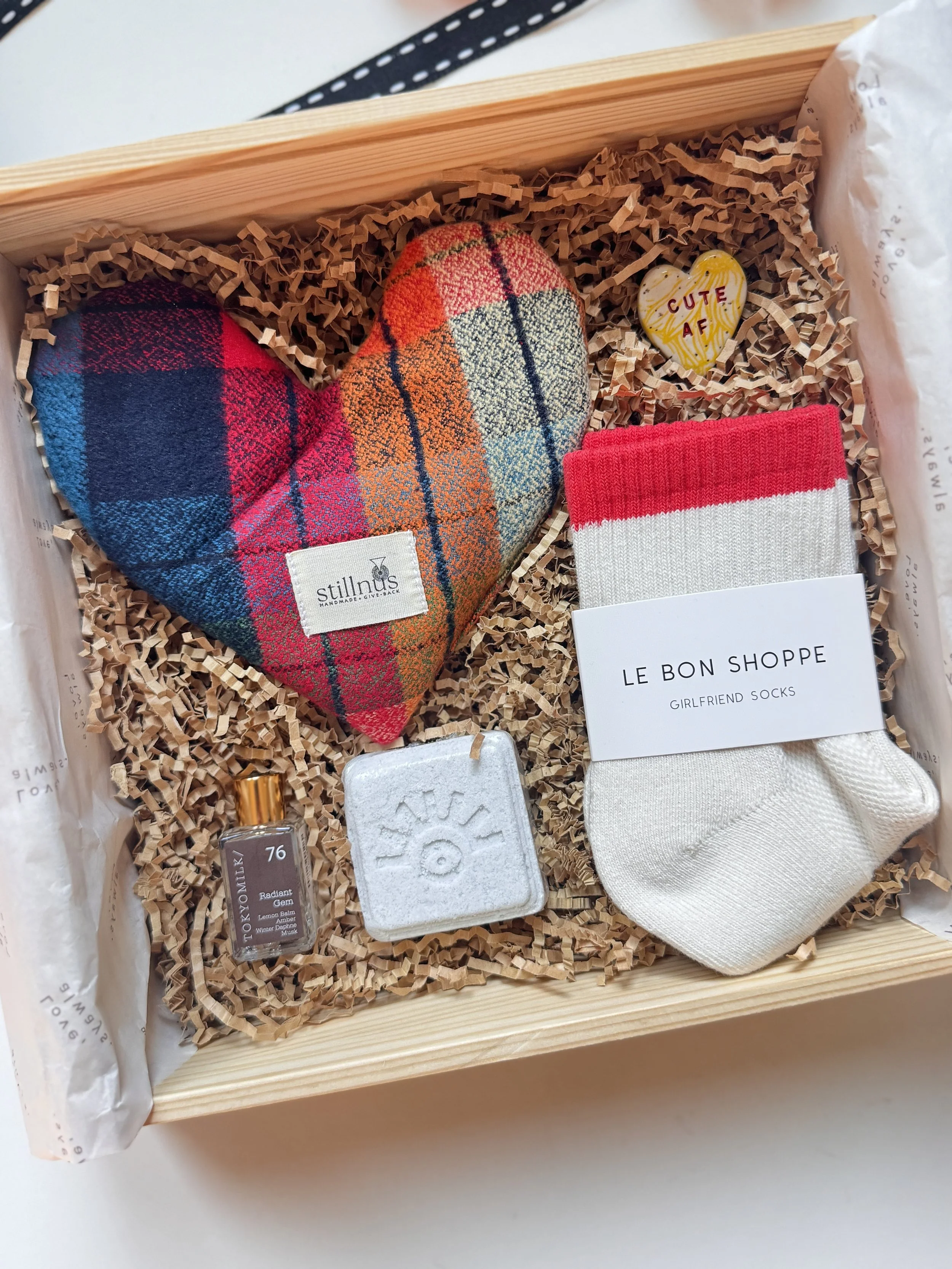 Thoughtful Valentine's Day gift box with romantic self-care items and personalized Go Gaga packaging