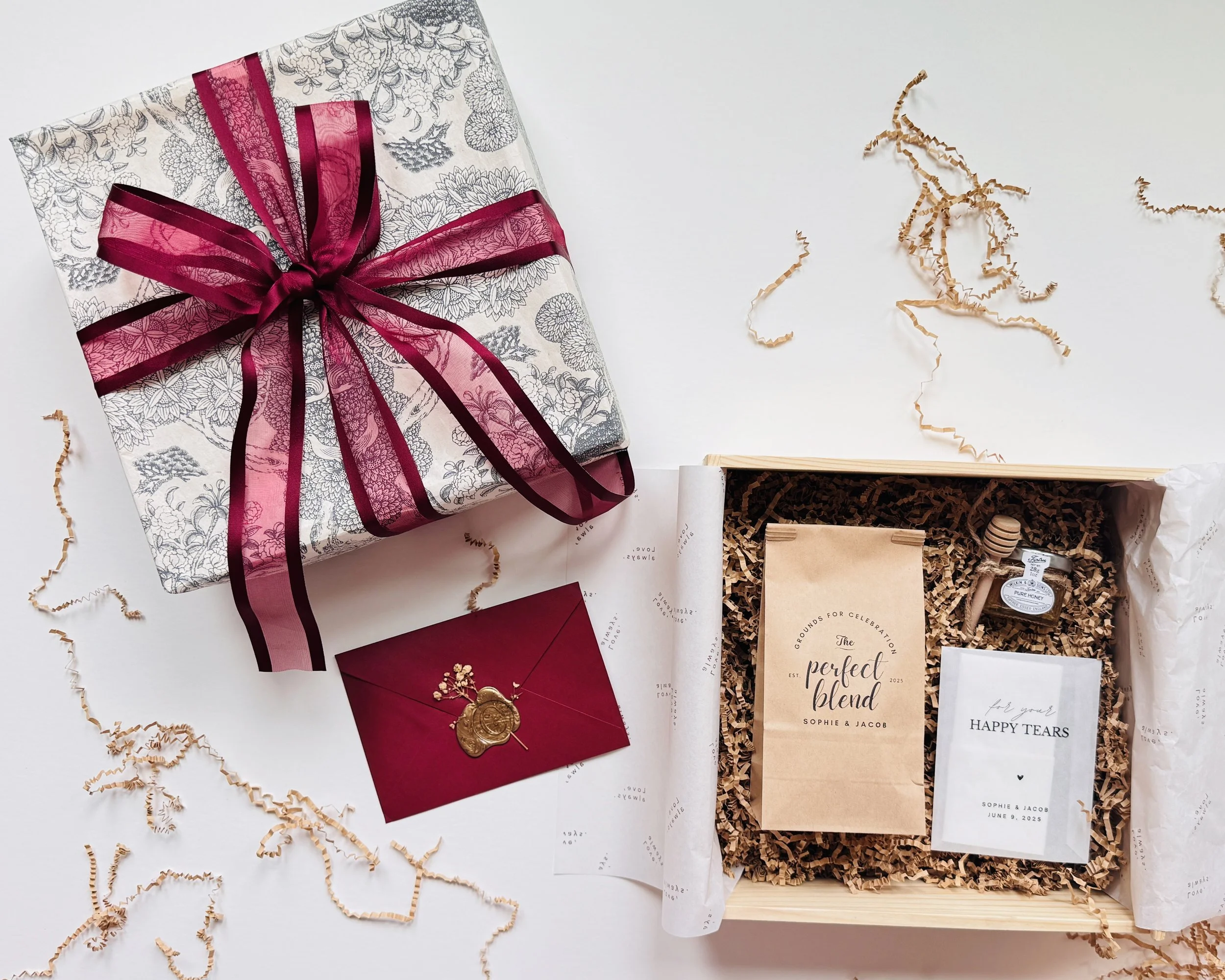 Perfectly Paired Box wedding guest gift with a personalized coffee bag, honey jar, and wax-sealed envelope