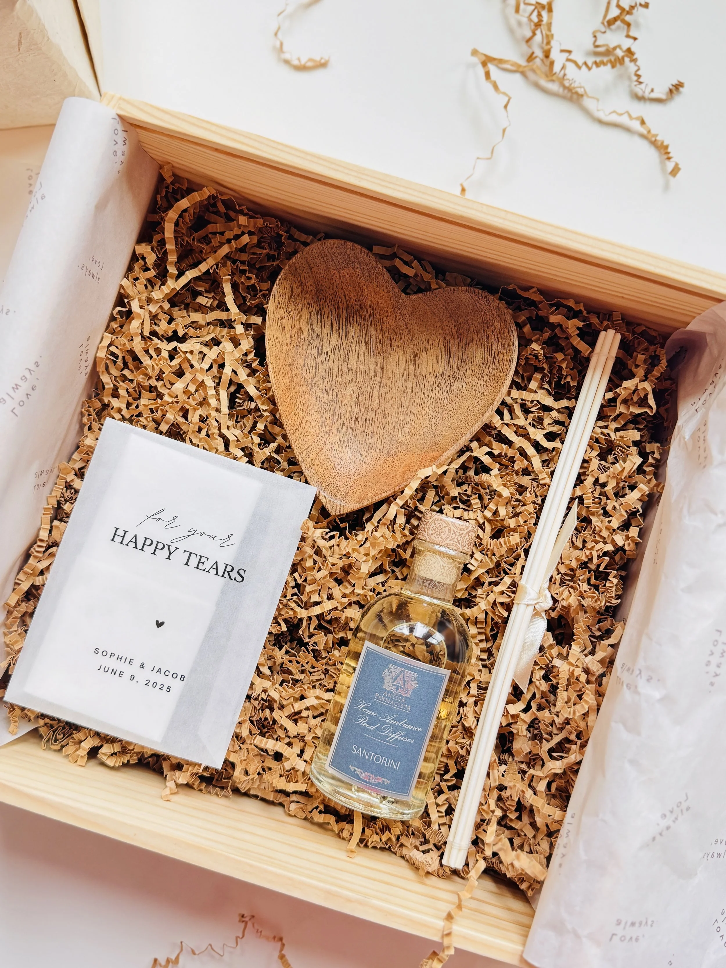 Ever After Box wedding gift with a wooden heart keepsake dish and Santorini reed diffuser