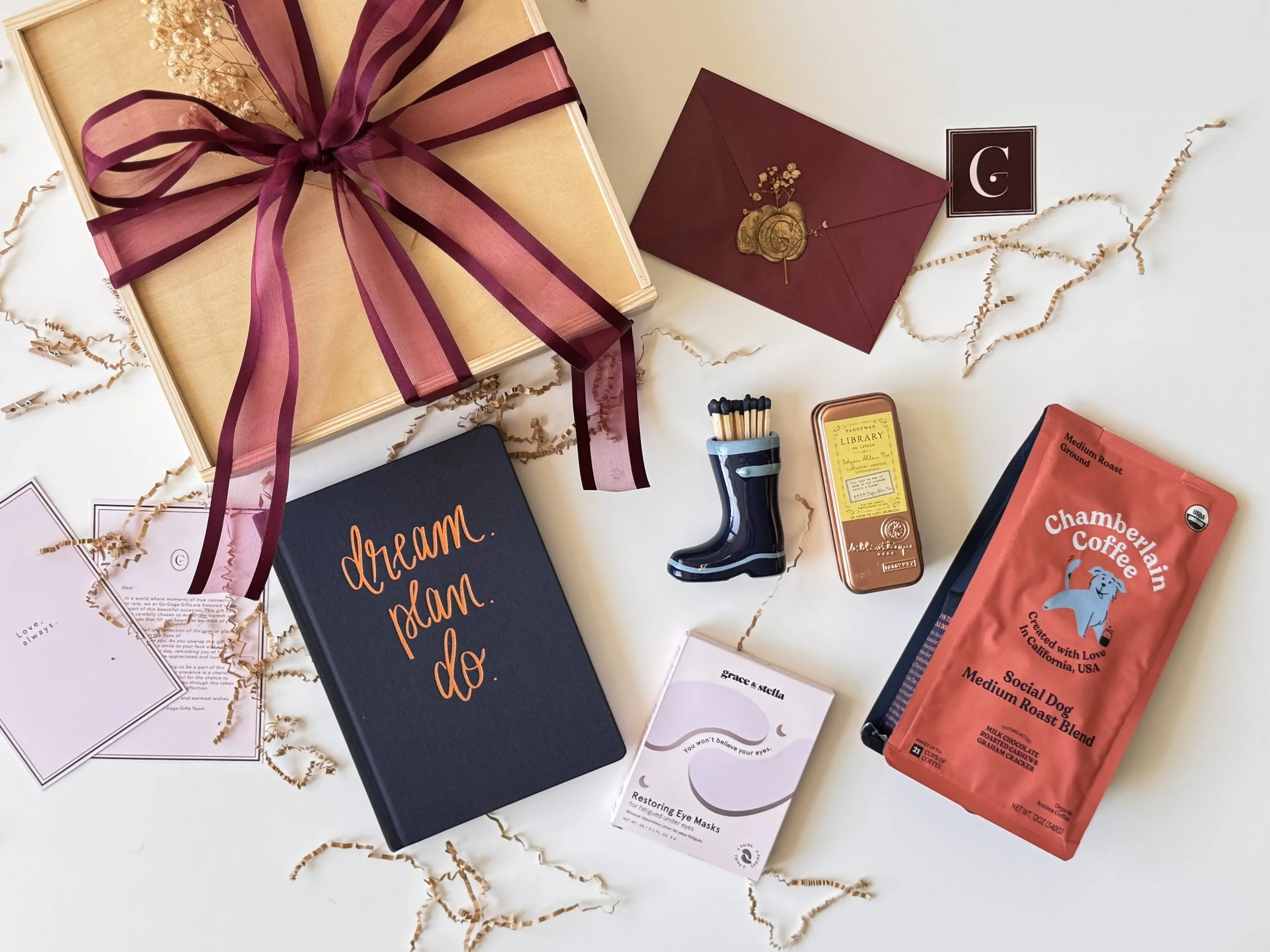 Corporate wellness gift box with uplifting curated items and premium Go Gaga packaging
