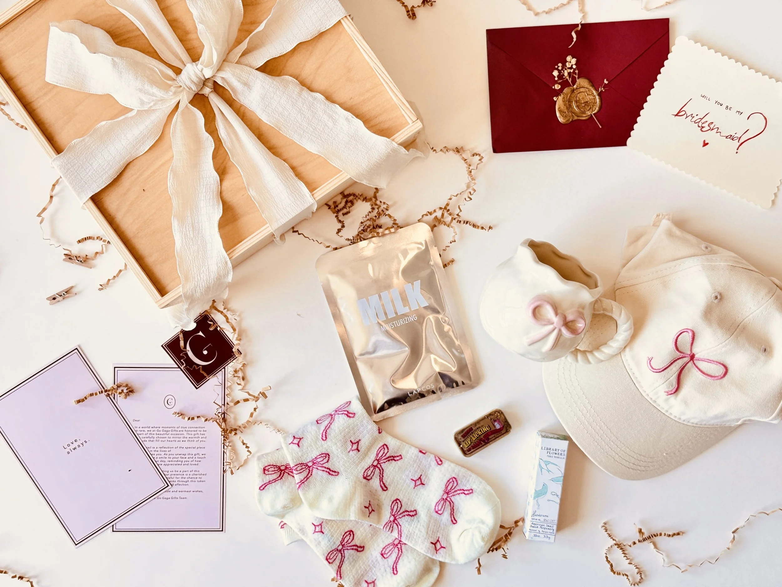 Custom bridesmaid proposal gift box with personalized note and elegant ribbon packaging