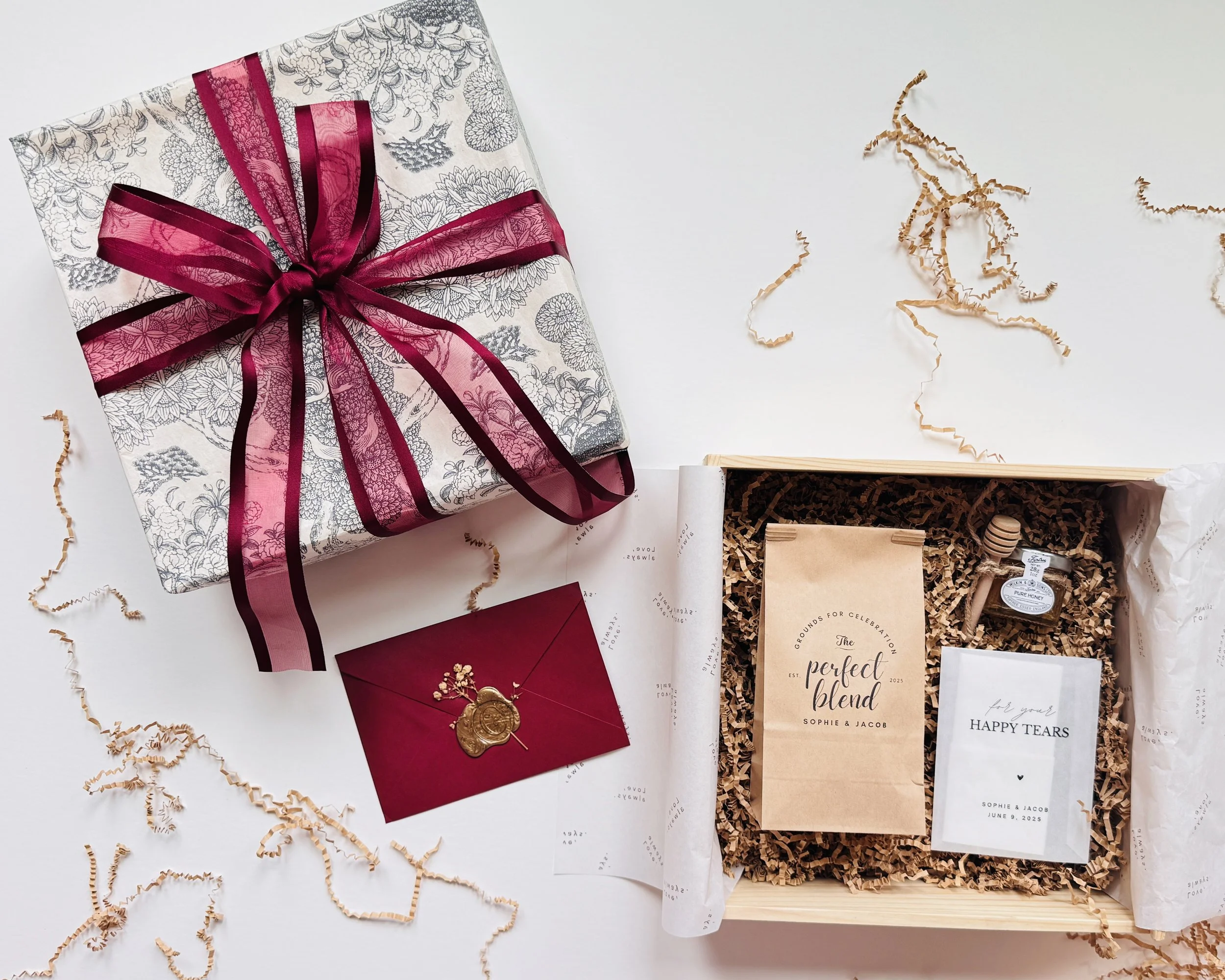 Perfectly Paired wedding favor box with personalized coffee gift details for couples
