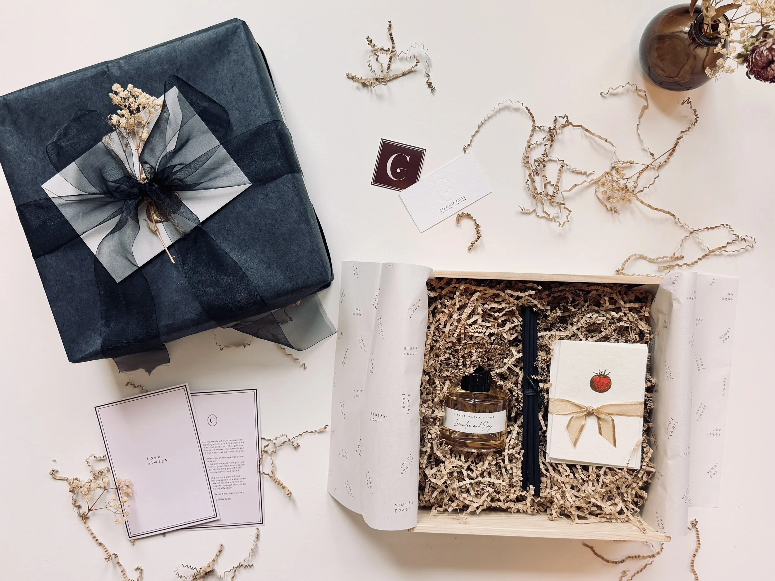 Golden Glow housewarming gift box with reed diffuser, keepsake details, and elegant packaging