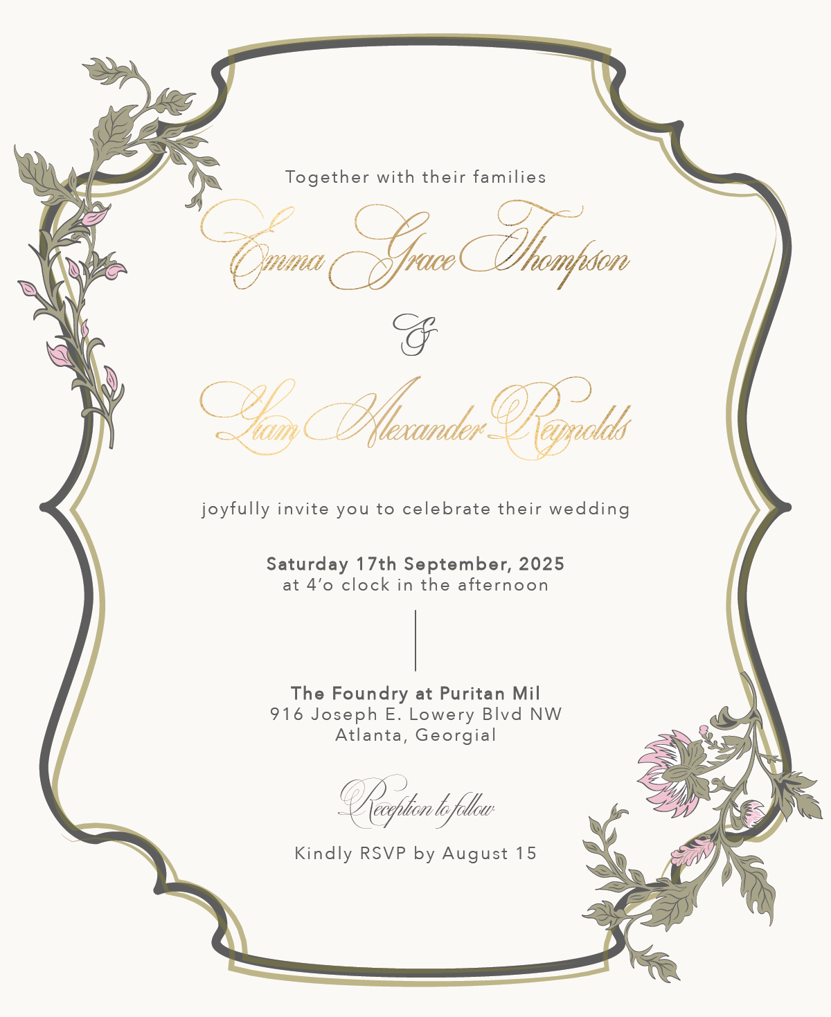Classic floral wedding invitation with romantic botanical design and vintage-inspired typography