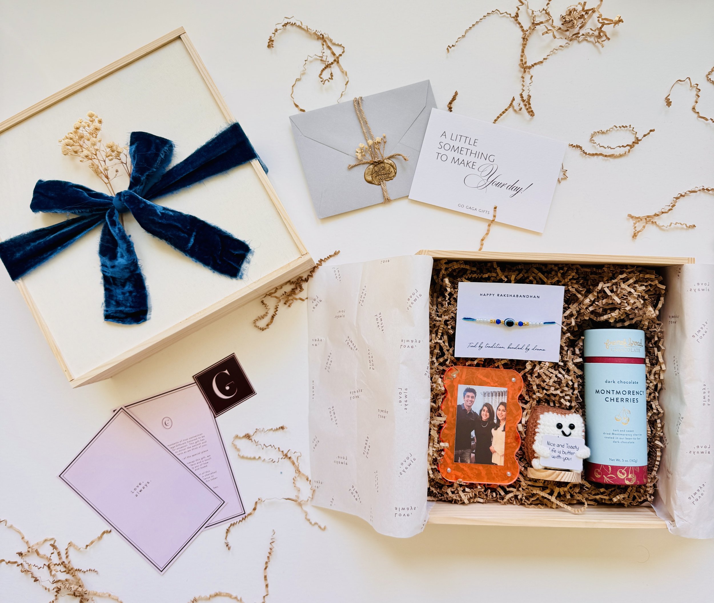 Personalized Rakhi gift box with festive treats and traditional brother-sister gifting details