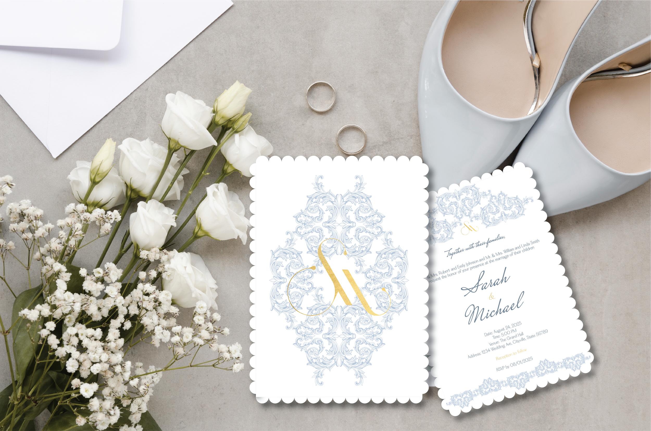 Elegant crest wedding stationery with invitation card, matching details, and refined layout