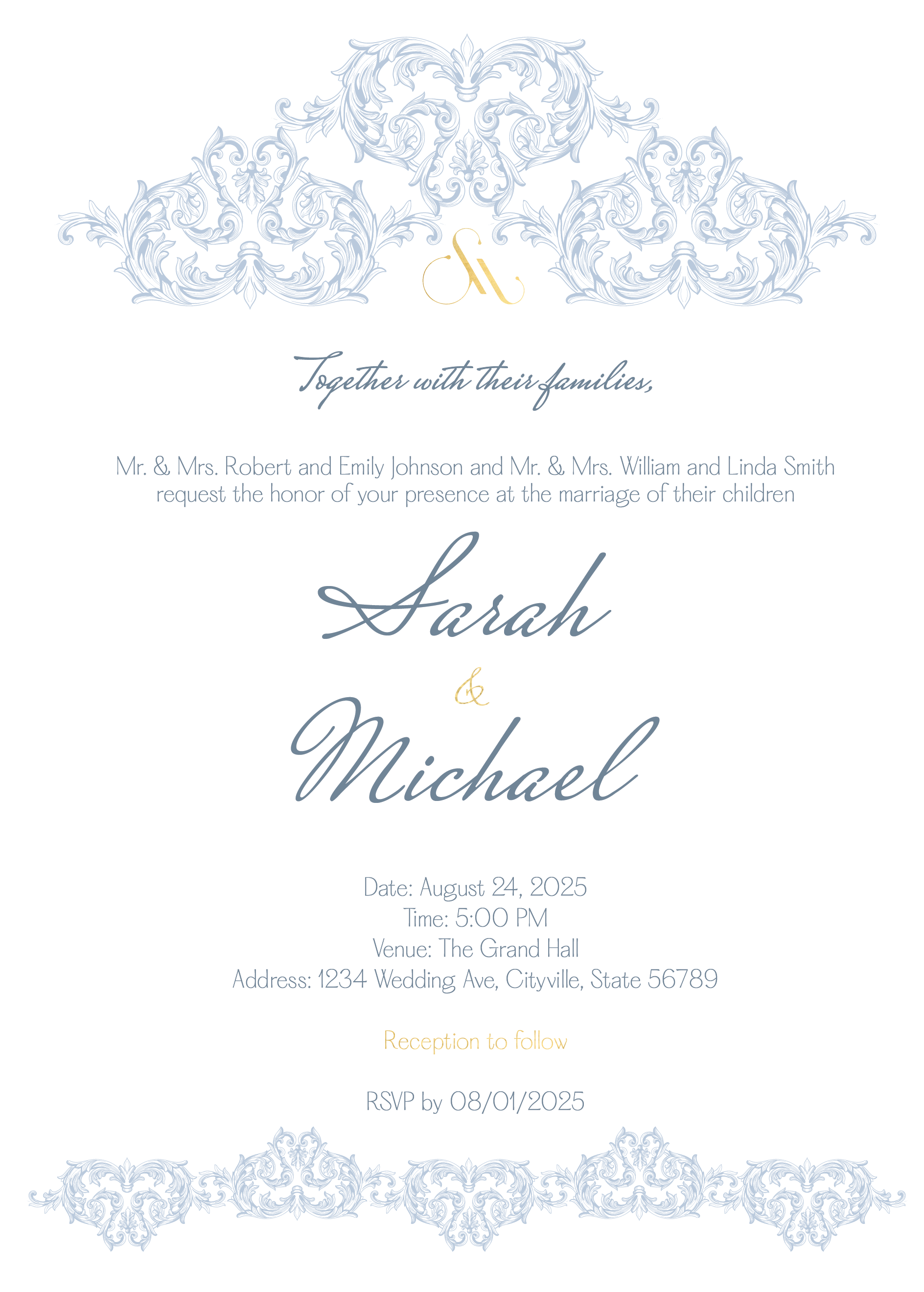 Luxury wedding invitation suite with crest design and formal stationery details