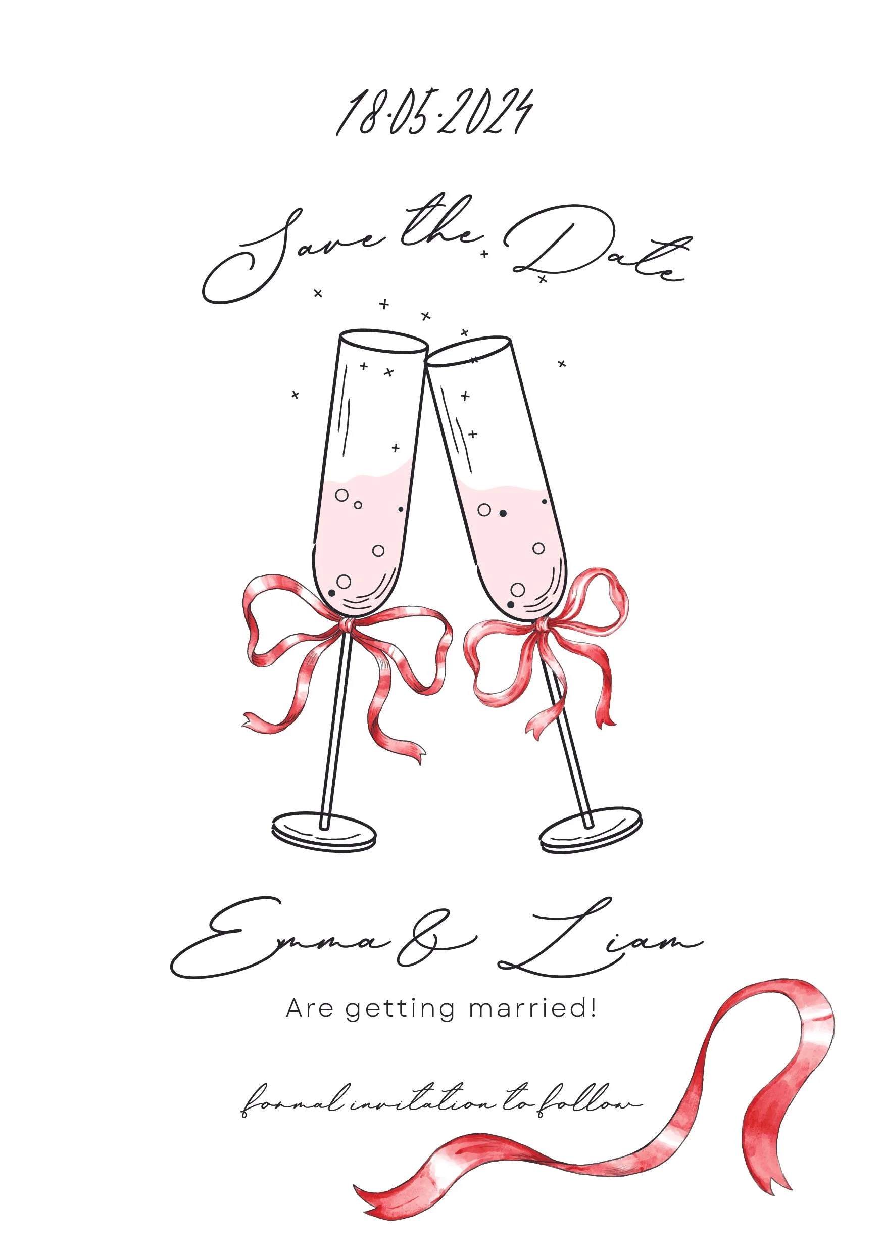 Whimsical ribbon wedding invitation suite with modern pink bow details and romantic typography