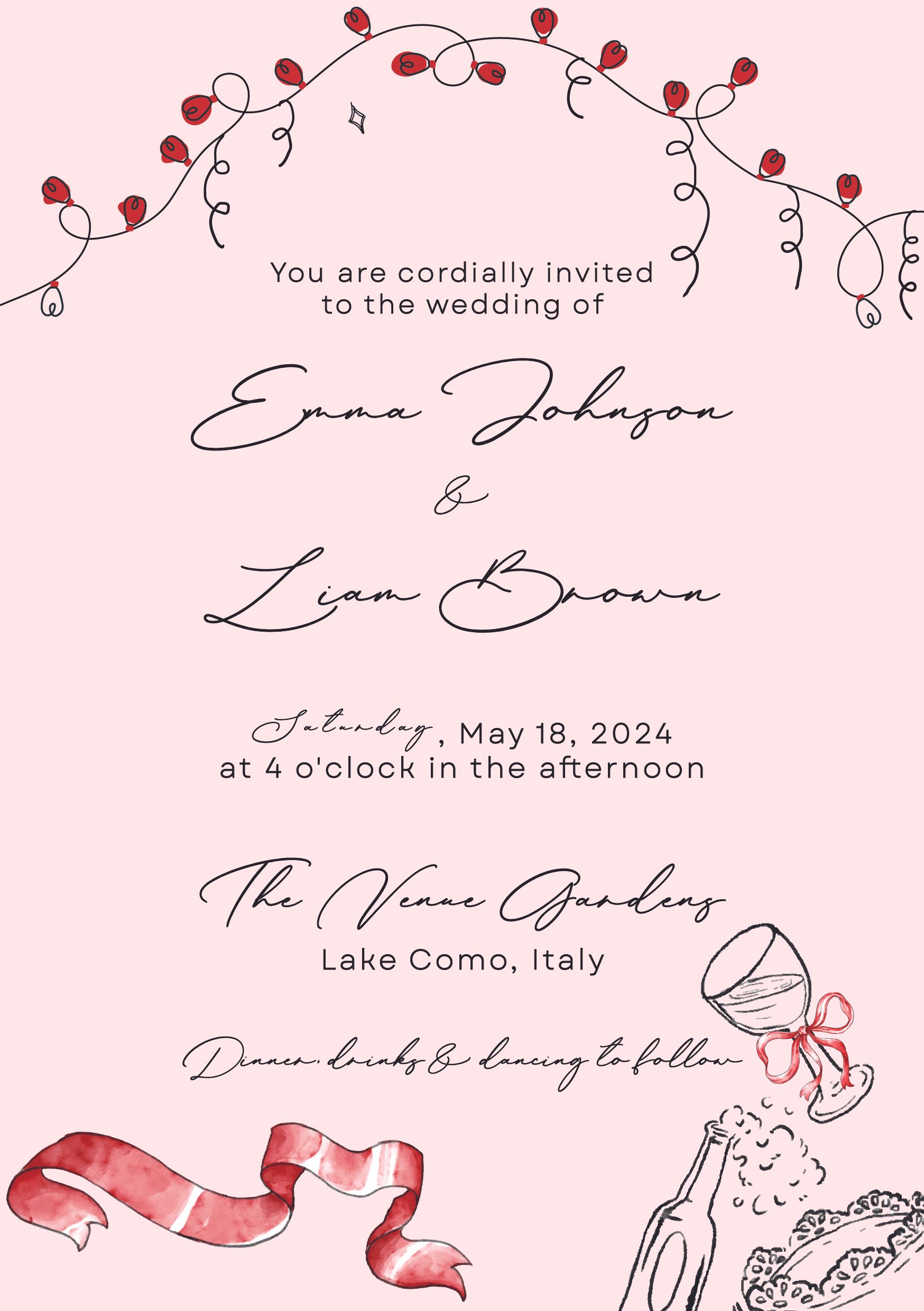 Modern pink ribbon wedding stationery with invitation card, RSVP card, and matching envelope