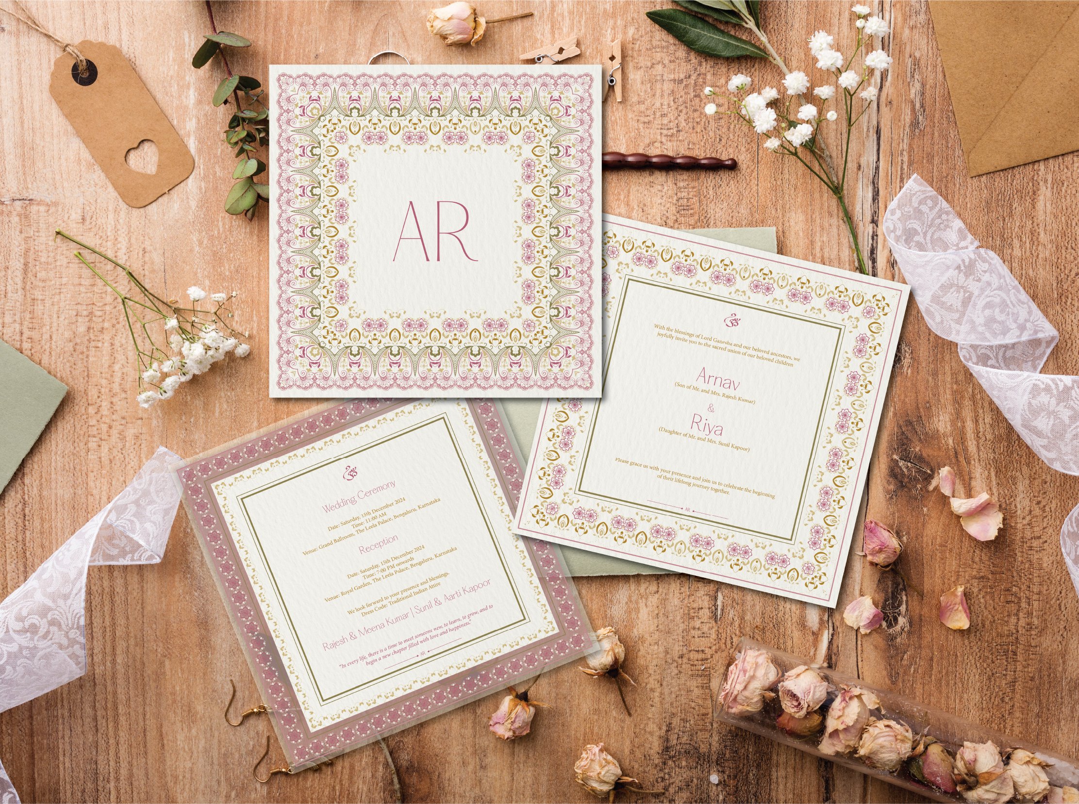 Romantic floral wedding invitation detail with personalized names and refined stationery design