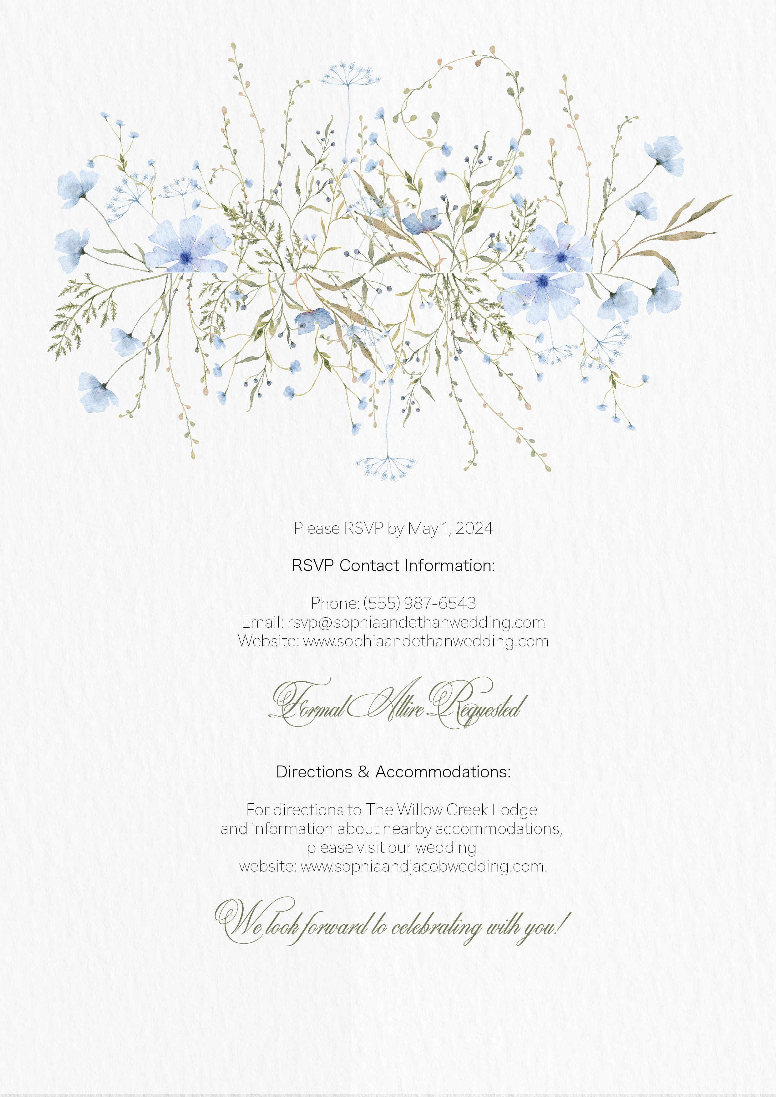 Blue botanical wedding stationery with matching invitation card and details card