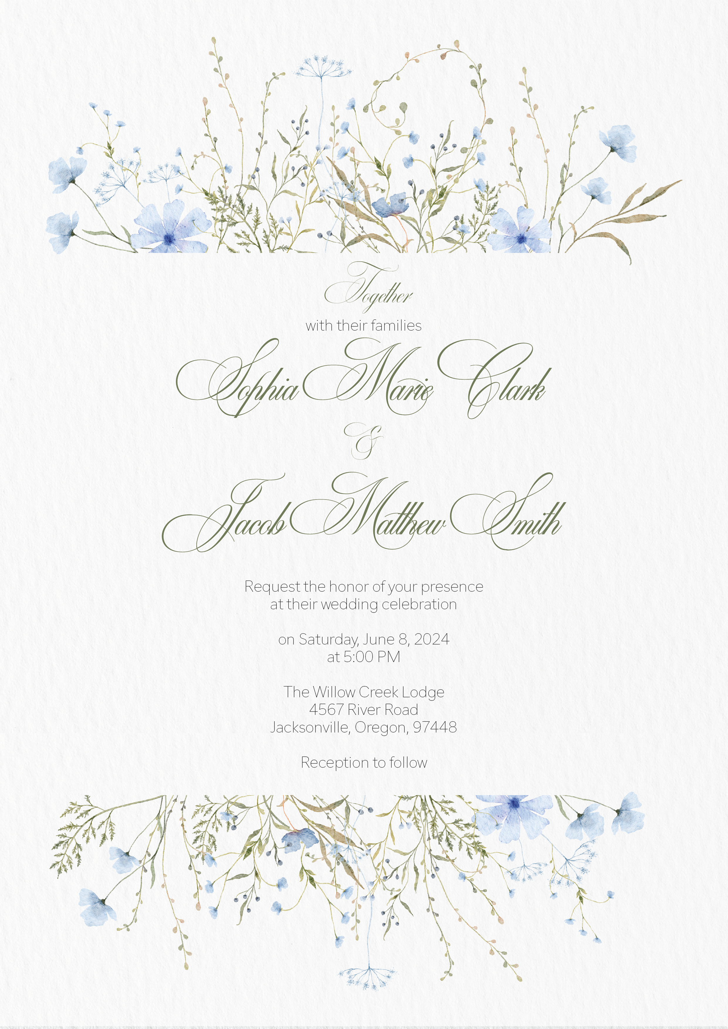 Soft blue wildflower wedding invitation suite with floral details and romantic typography