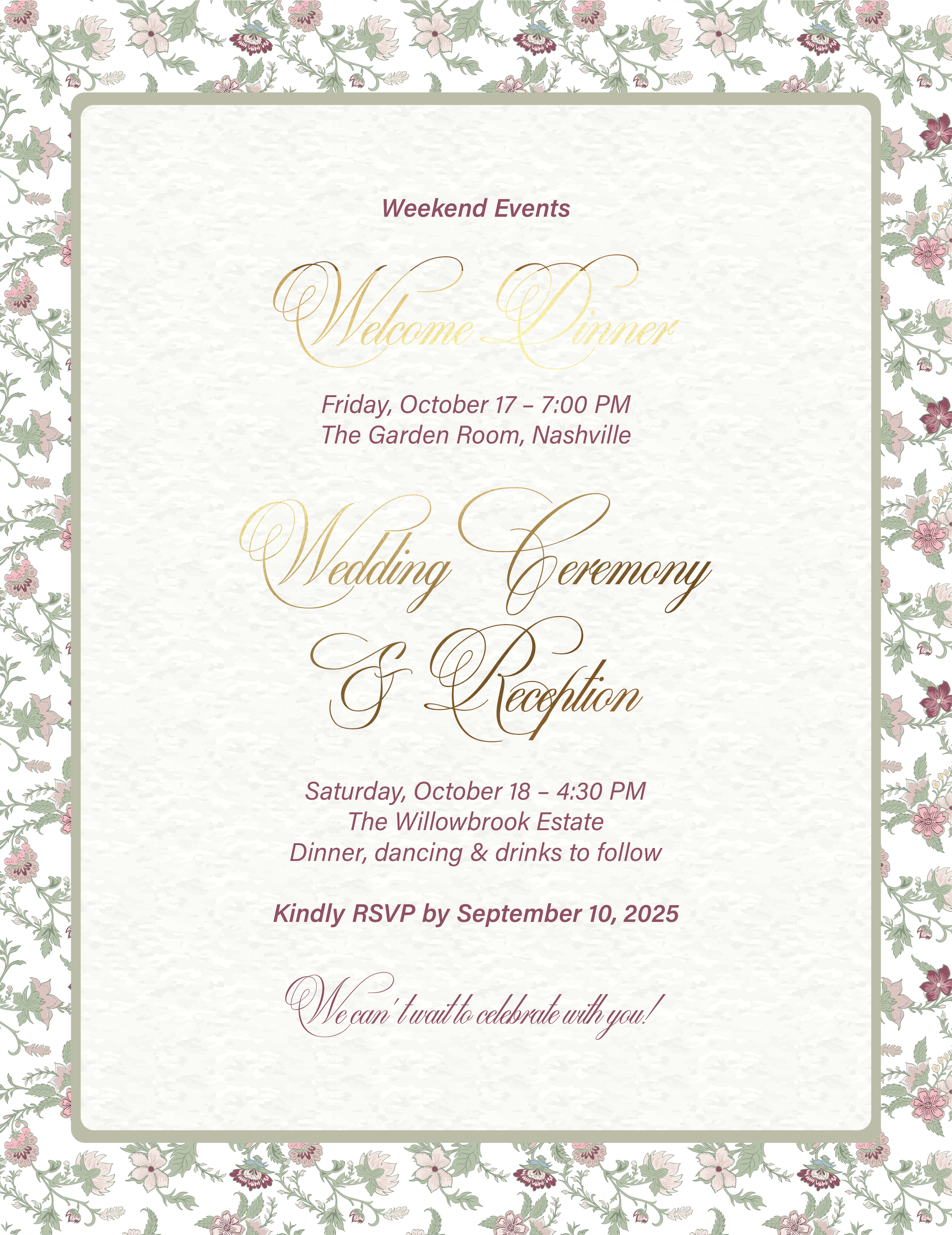 Weekend events card featuring floral border, gold and plum script text, and schedule for wedding festivities.