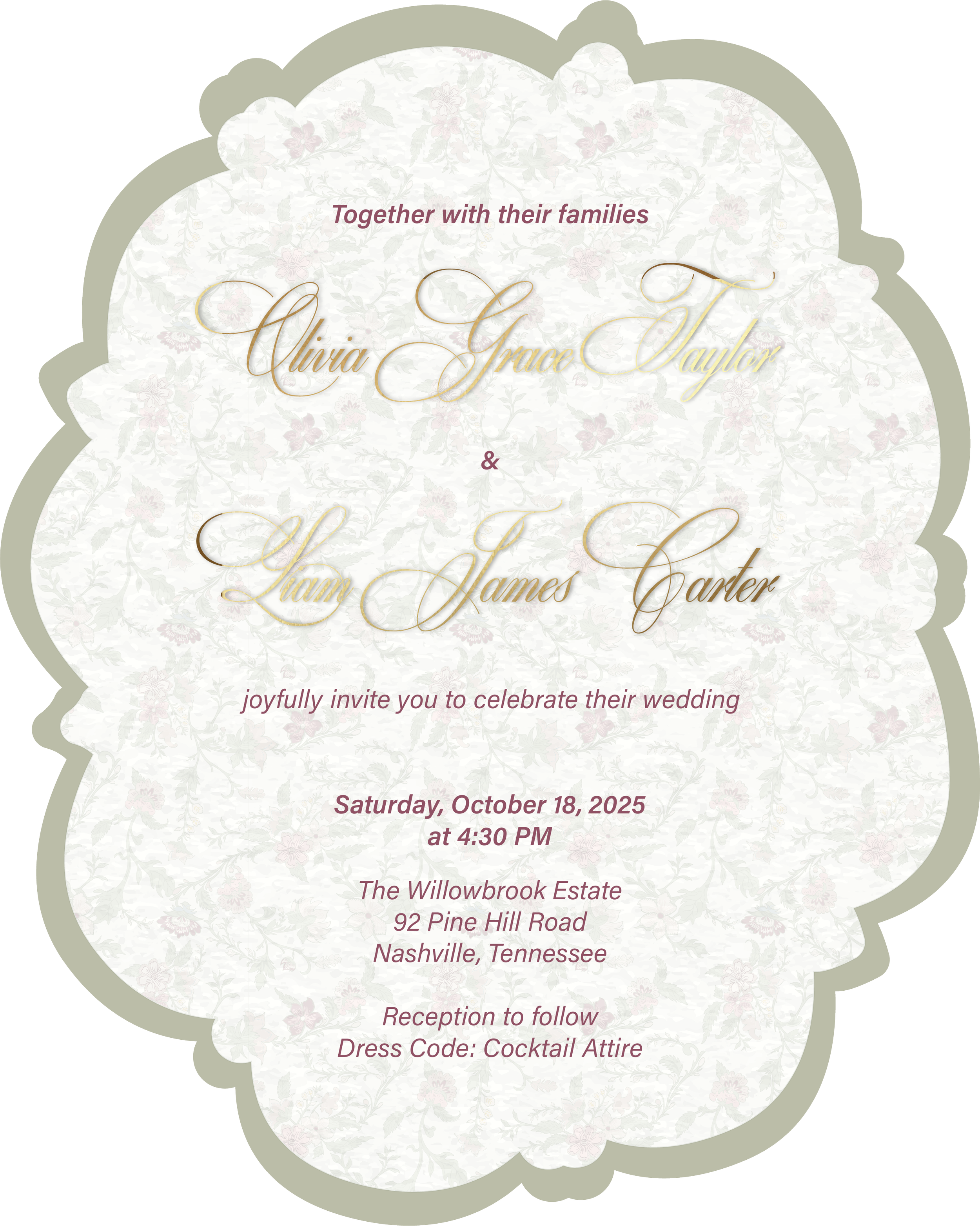Scalloped edge wedding invitation with soft floral background and classic serif typography, printed on textured white cardstock