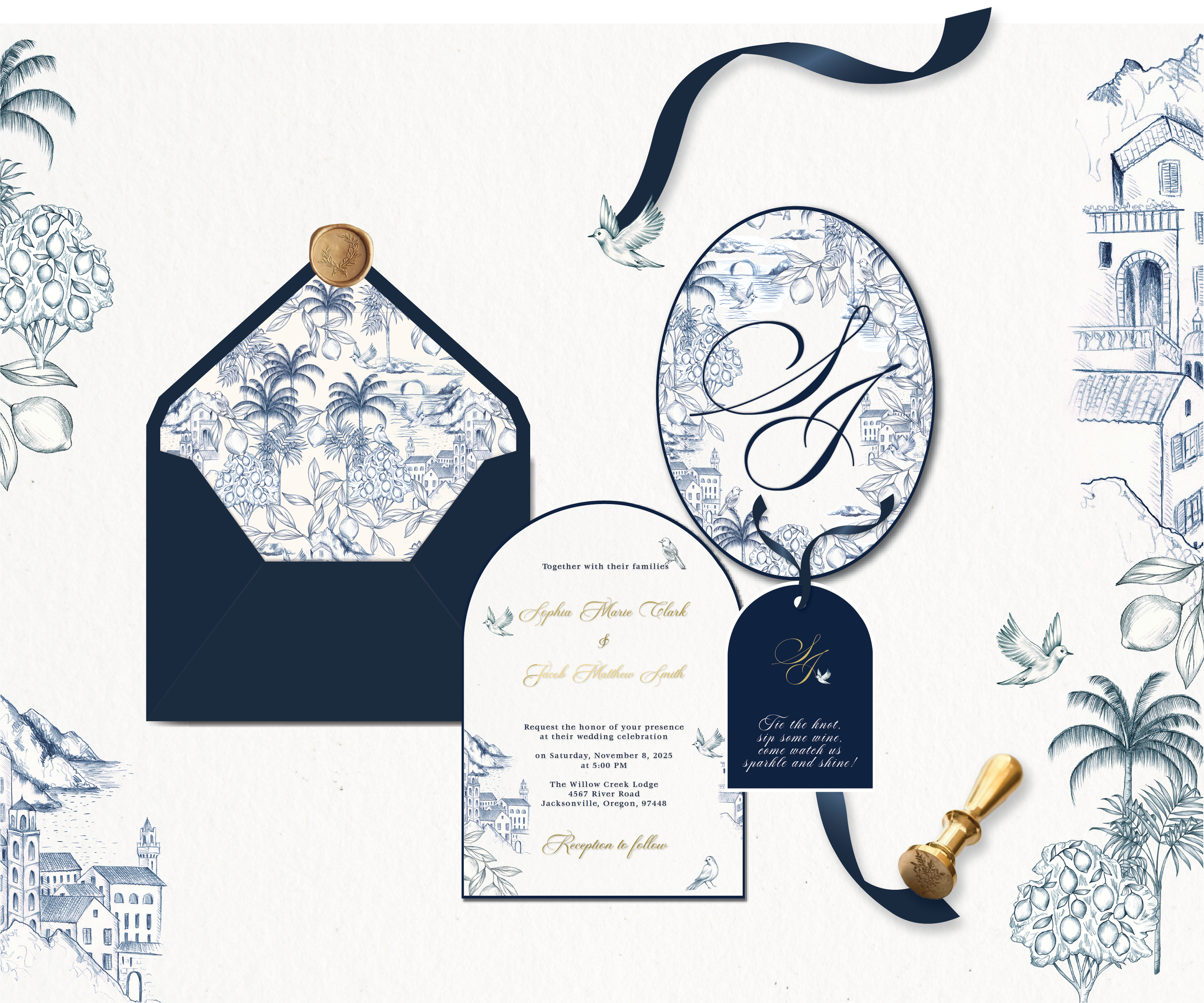 Whispers in Blue wedding invitation set with navy envelope, matching details card, and wax seal