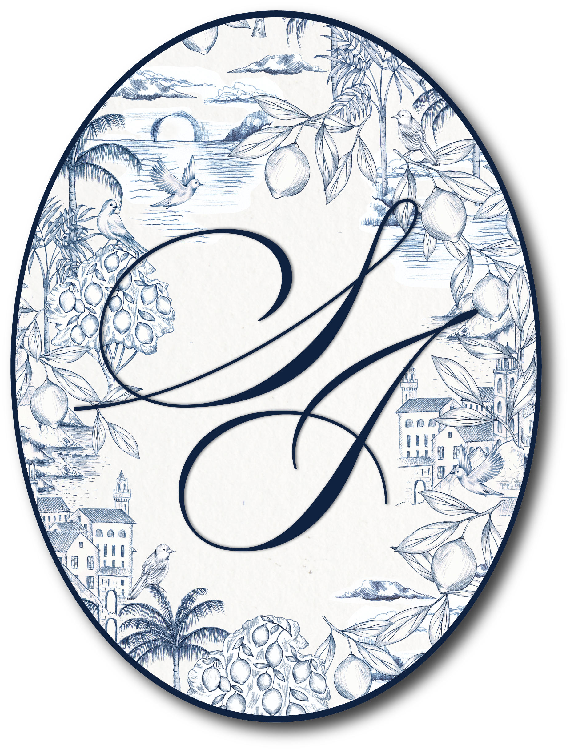 Custom blue and white wedding stationery suite with invitation, RSVP card, and sealed envelope