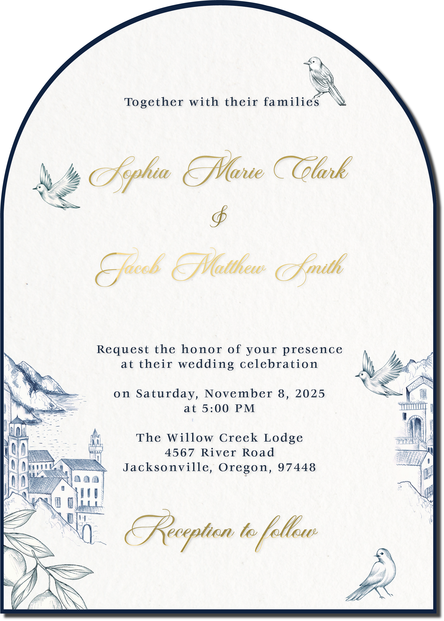 Navy blue wedding invitation suite with classic typography and elegant white card design