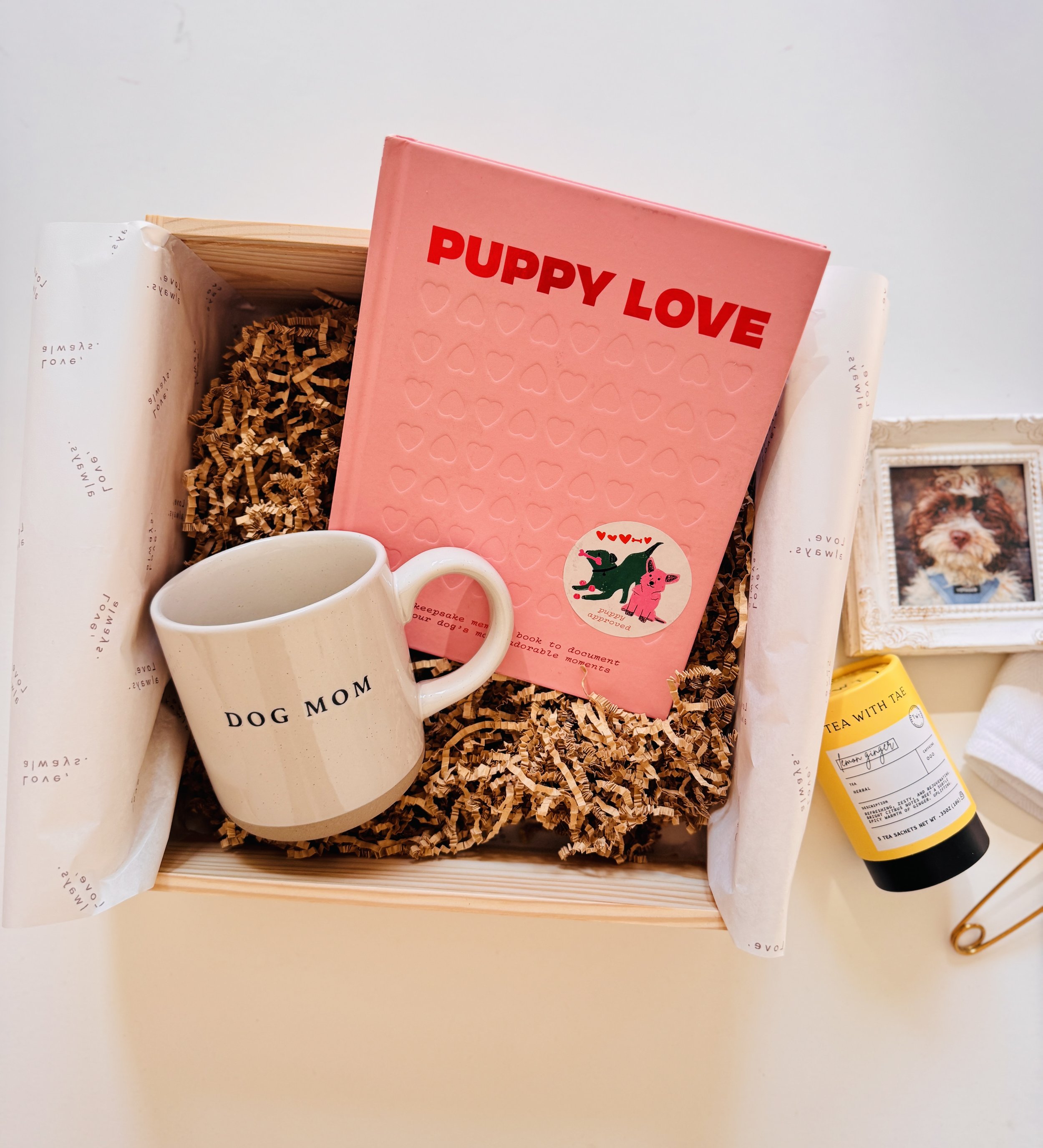 Dog mom gift box with custom details, cozy gifts, and Go Gaga packaging