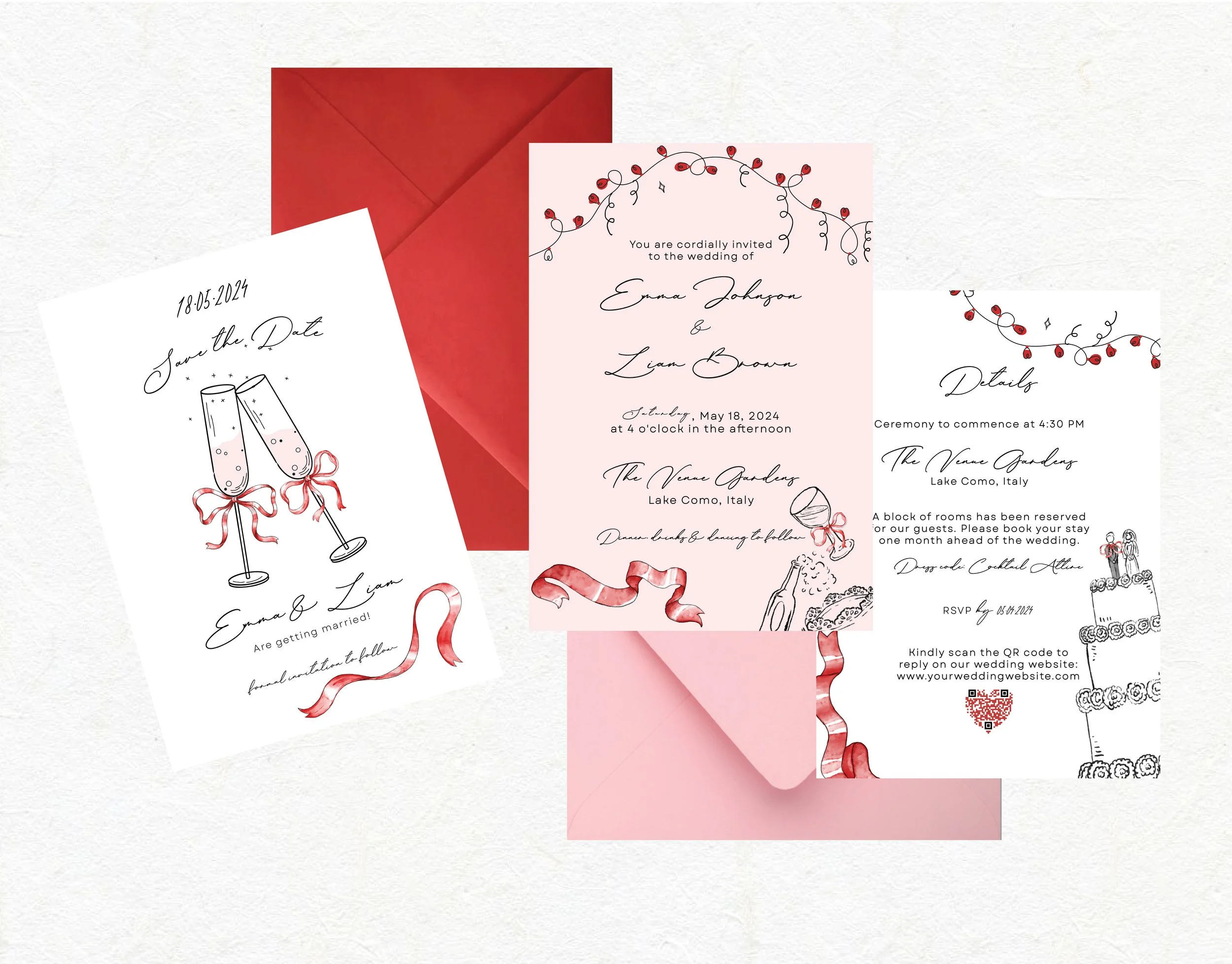 Set of wedding invitations and RSVP card with illustrations of champagne glasses, a wedding cake, and decorative red ribbons and berries.