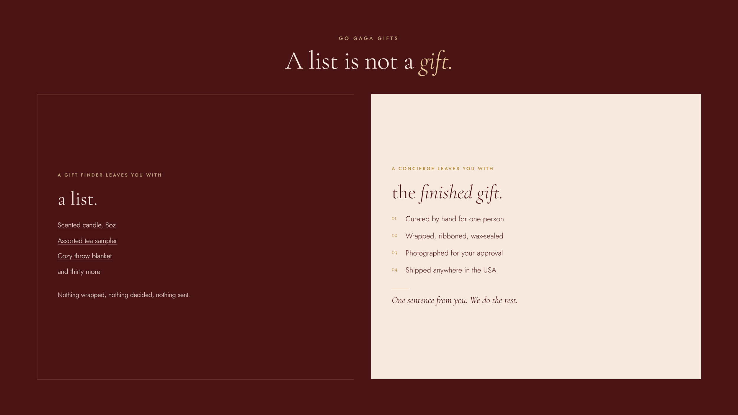 A gift finder leaves you with a list, a concierge leaves you with the finished gift