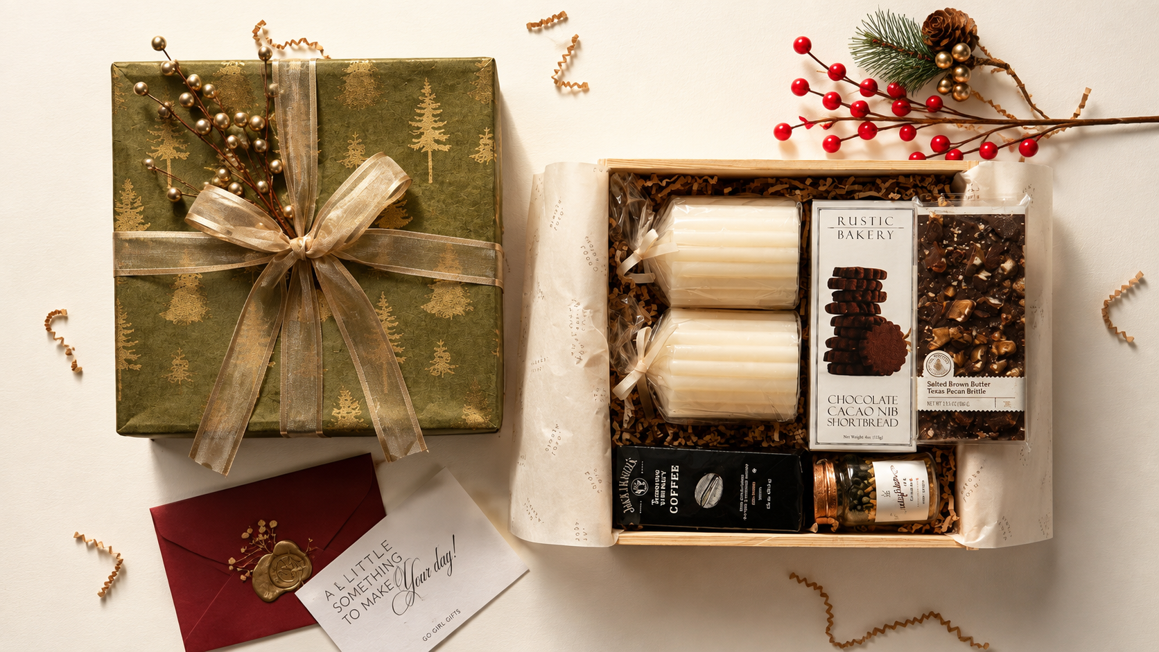 Festive wrapped corporate holiday gift boxes styled with ribbon and seasonal greenery
