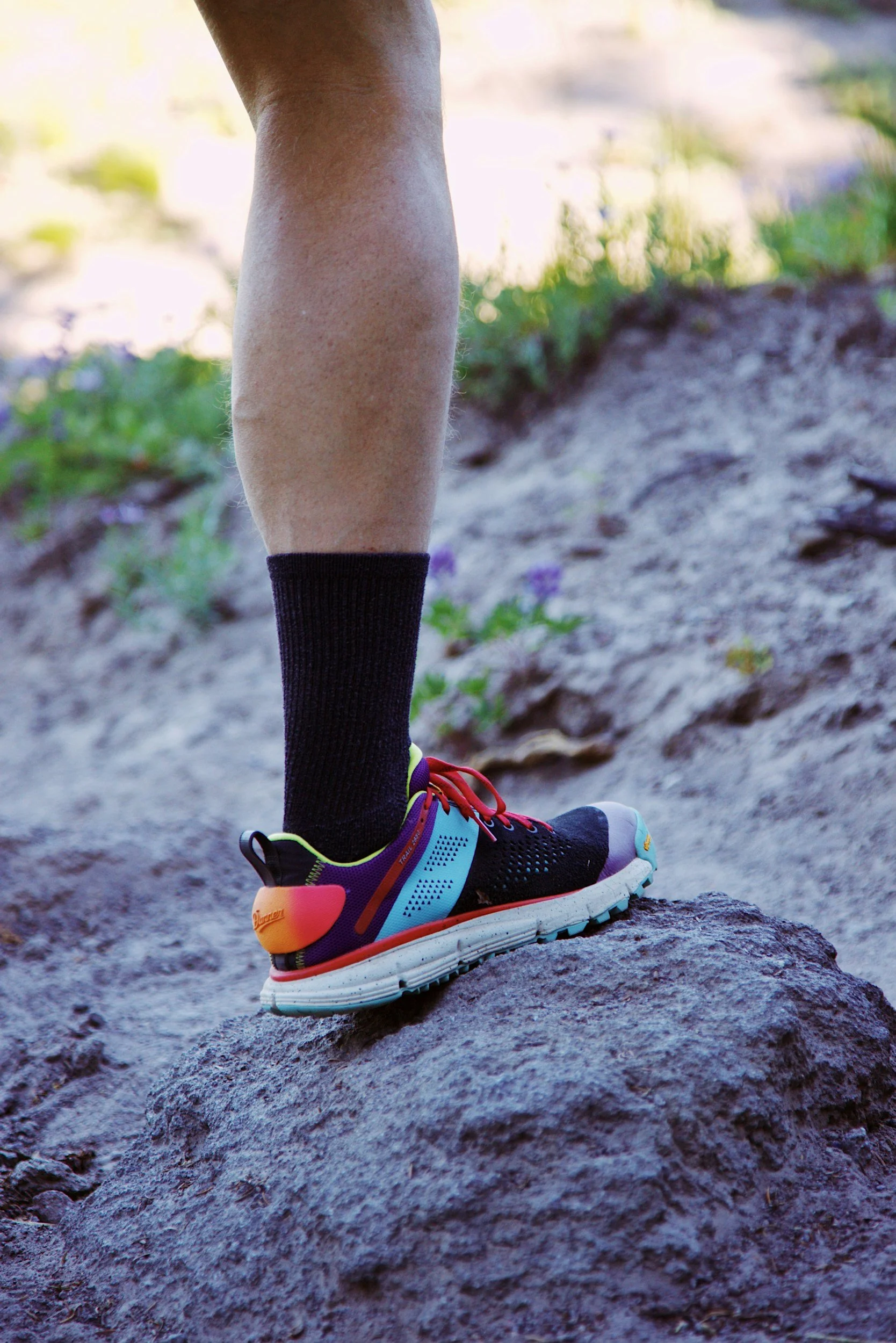 Close-up of a person's foot wearing a colorful athletic shoe, black sock, and dark shorts, stepping on rocky terrain outdoors with blurred green plants and sunlight in the background.