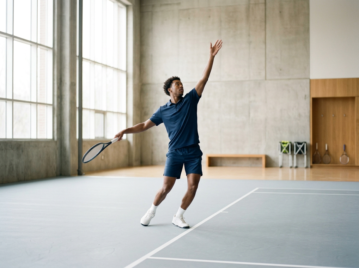 A young man playing tennis indoors, preparing to hit a tennis ball, on a court with large windows and concrete walls.