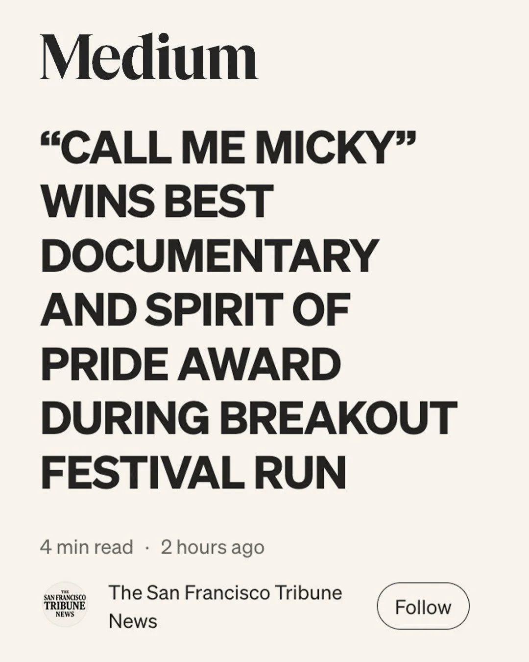We&rsquo;re thrilled to see CALL ME MICKY featured on @medium by The San Francisco Tribune News, celebrating the film&rsquo;s festival run and recent awards.

Four festivals. Two awards. And it still feels like @mickyangelo2023 &rsquo;s story is just