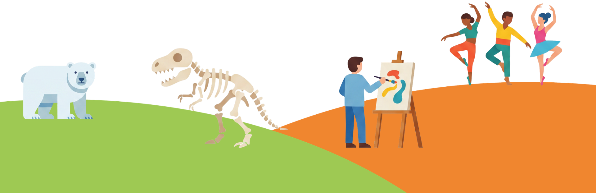 A digital illustration shows a polar bear, dinosaur skeleton, and a person painting on a canvas, with three dancers in colorful outfits dancing on an abstract green and orange surface.