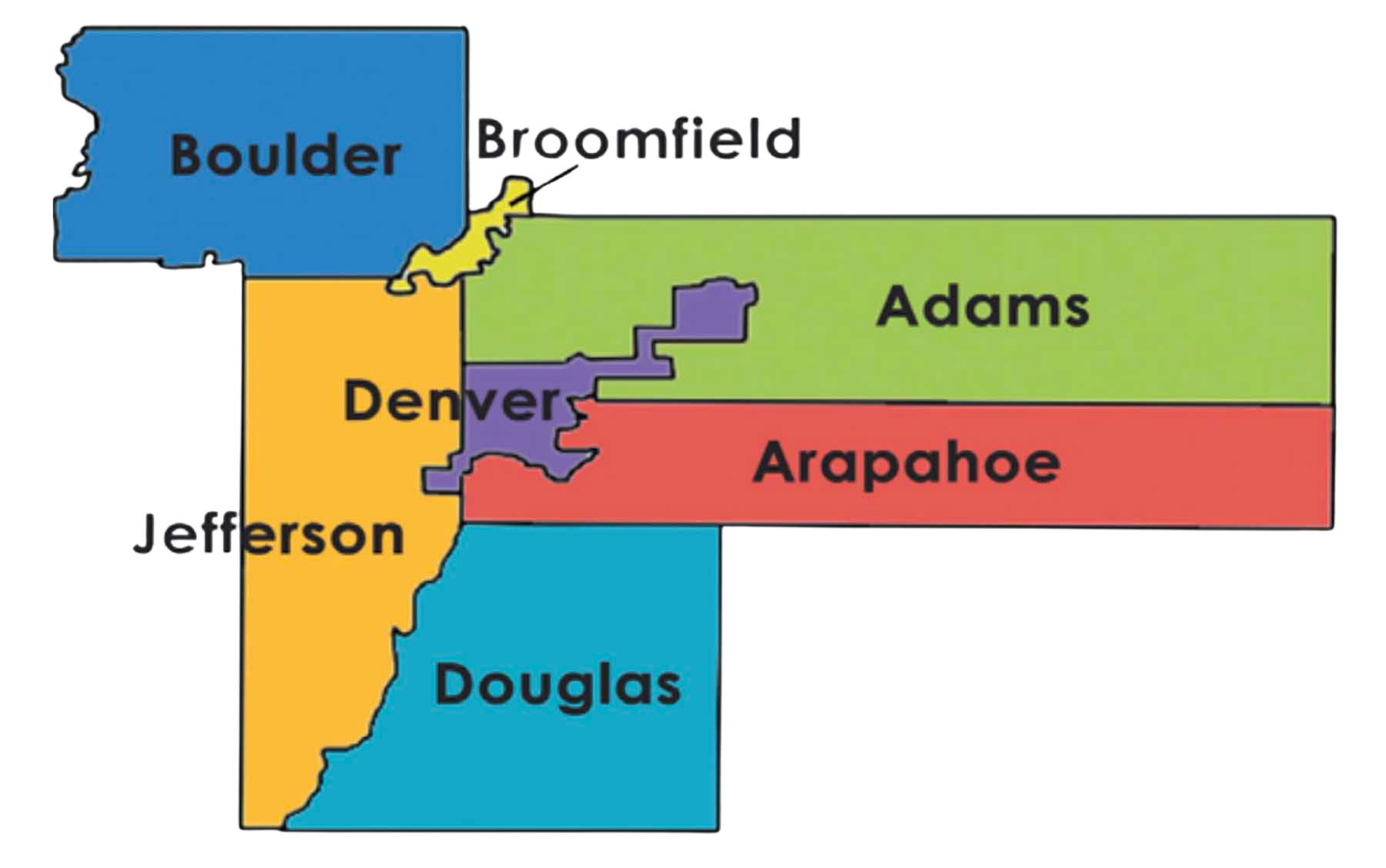 Color-coded map of counties in Colorado showing city names: Boulder, Broomfield, Denver, Jefferson, Douglas, Adams, and Arapahoe.