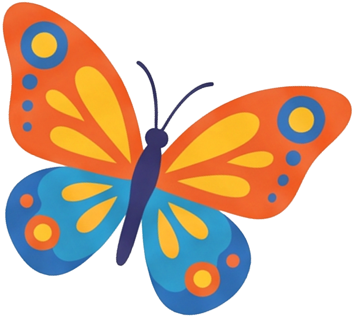 Colorful cartoon butterfly with orange, yellow, and blue wings.