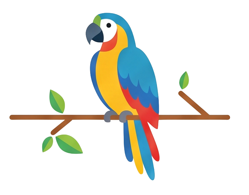 Colorful cartoon parrot sitting on a tree branch with green leaves.