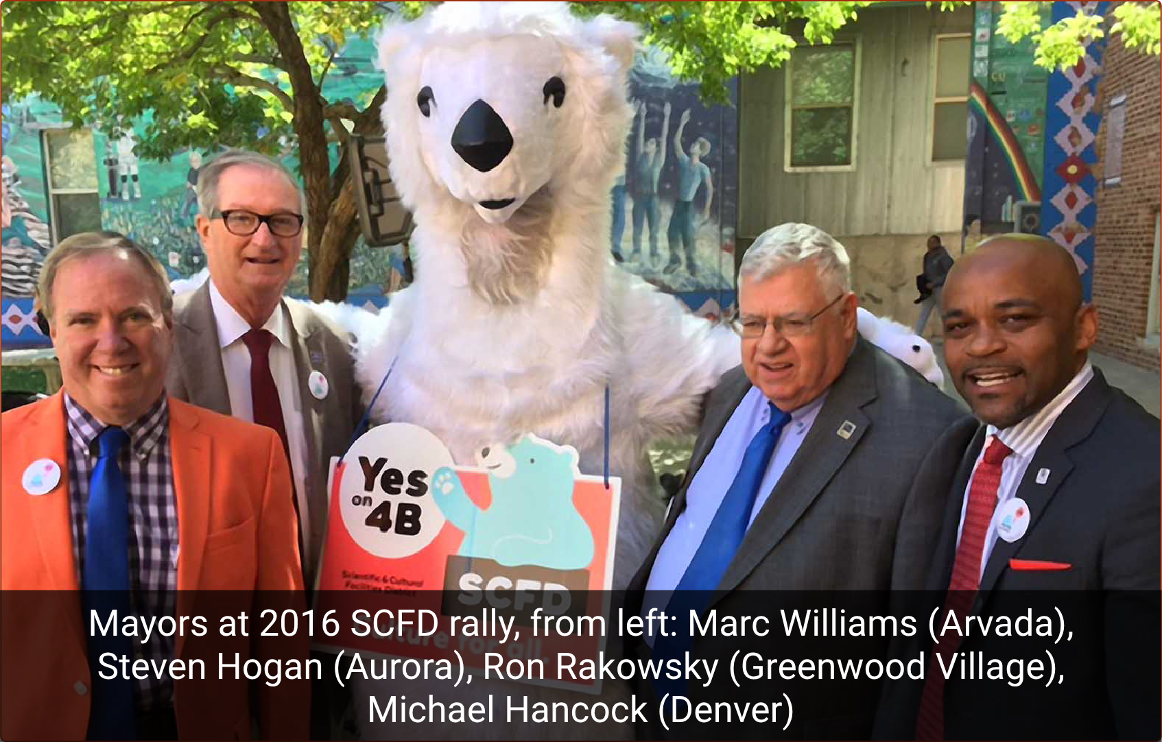 Mayors of Arvada, Aurora, Greenwood Village and Denver at a SCFD rally.