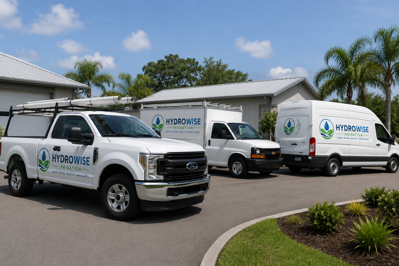 Three white Hydrowise irrigation vehicles parked in front of a house with palm trees, blue sky, and landscaped plants.