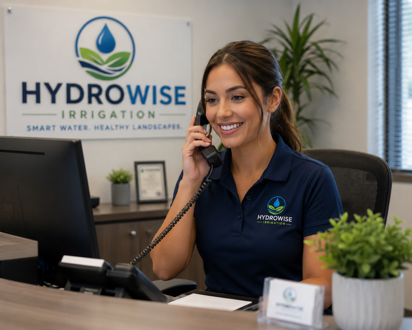 A woman at a desk talking on the phone in an office with a Hydrowise Irrigation logo on her navy blue shirt and a sign in the background that reads Hydrowise Irrigation, 'Smart Water. Healthy Landscapes'.