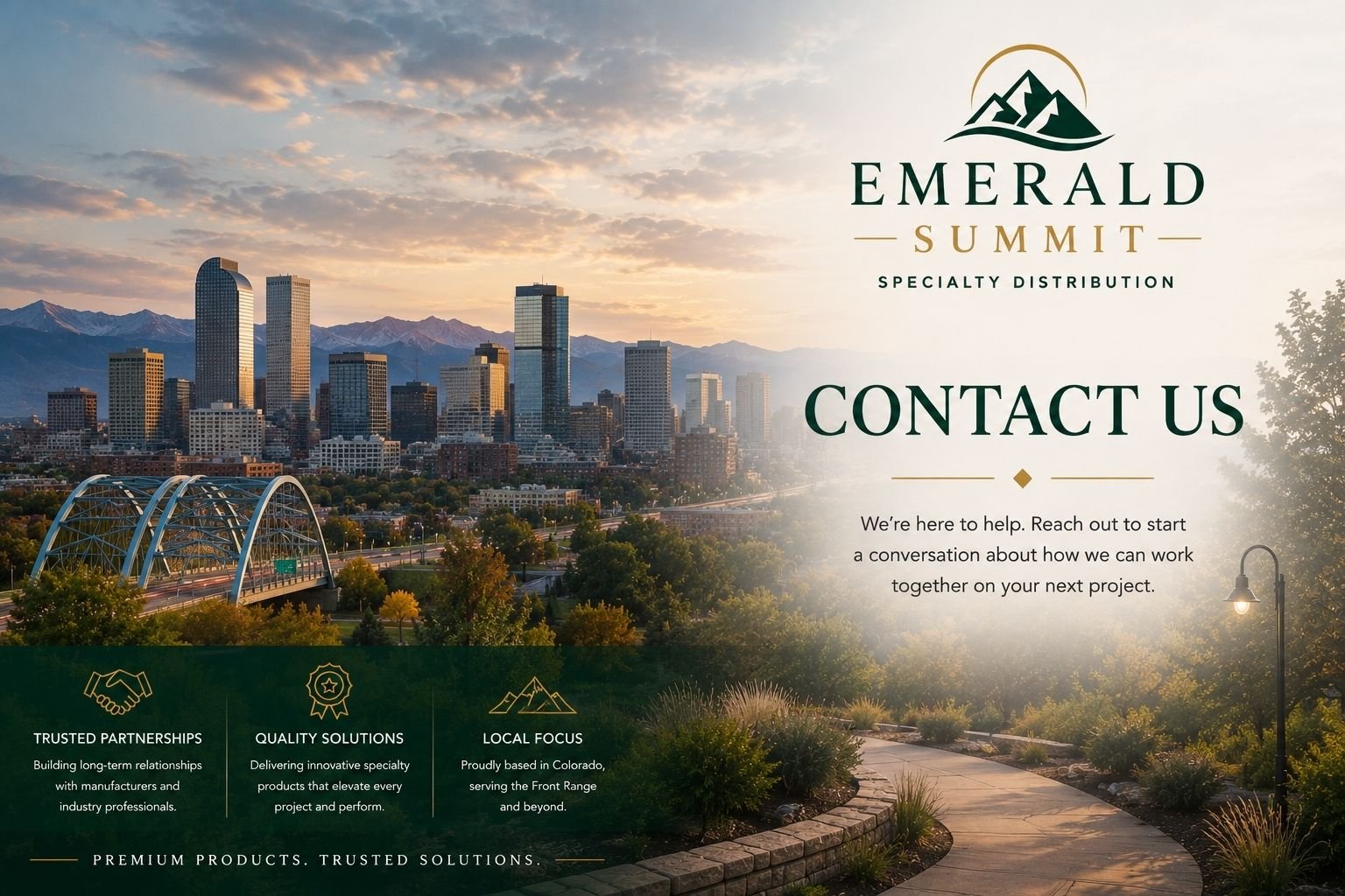 Denver skyline representing Emerald Summit, a Colorado specialty building solutions company serving manufacturers, builders, contractors, architects, and homeowners across the front range, western slope, across Colorado.