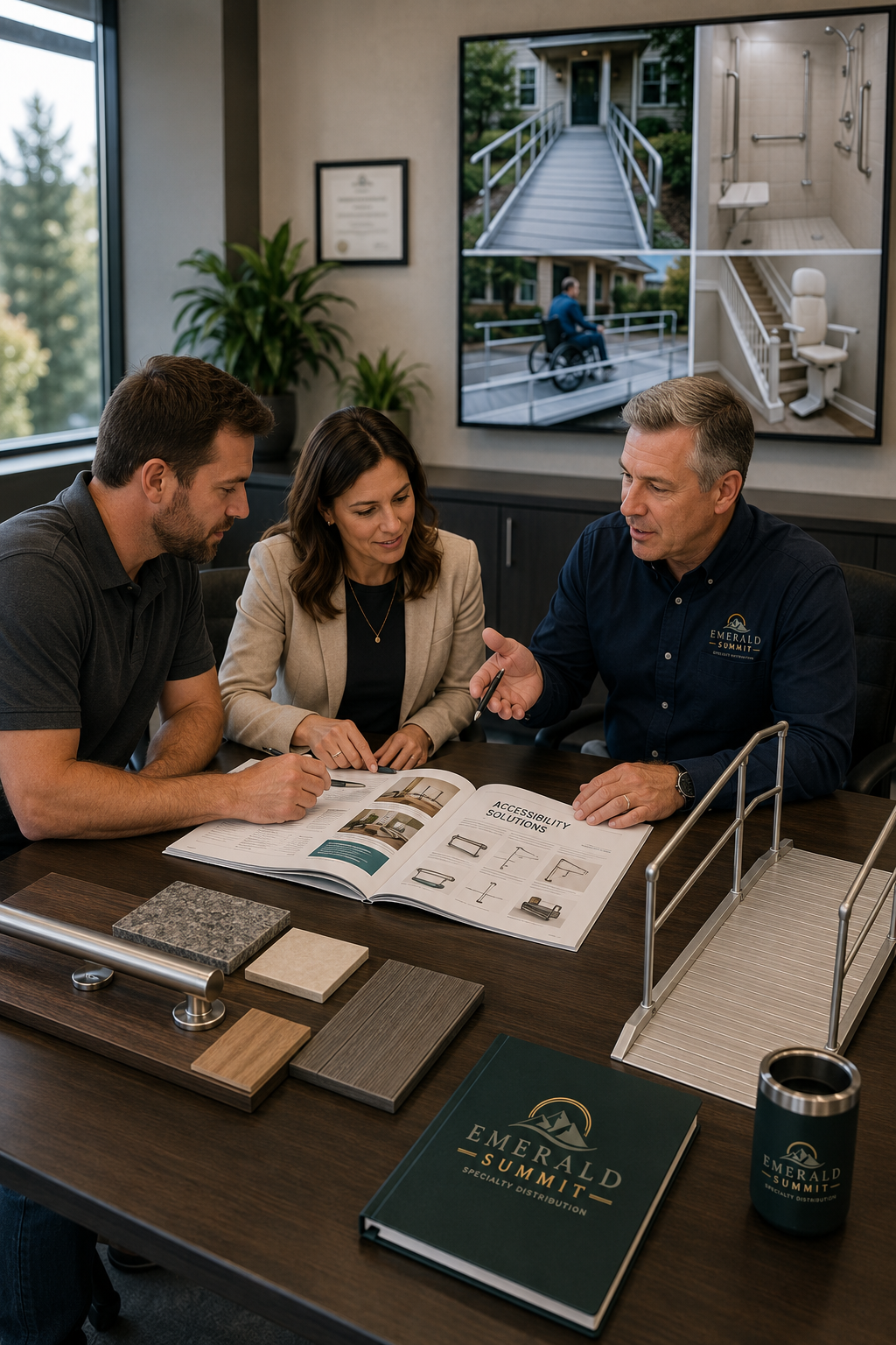 Emerald Summit consultant meeting with business partners to review accessibility solutions, wheelchair ramps, grab bars, and home access products in a professional consultation. Division Haven Home Access
