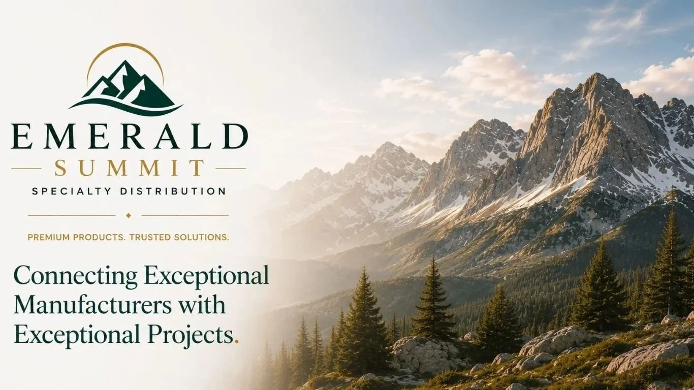 The promotional image for the Emerald Summit with a scenic background of snow-capped mountains and pine trees, featuring the event logo and text about connecting exceptional manufacturers with extraordinary projects.
