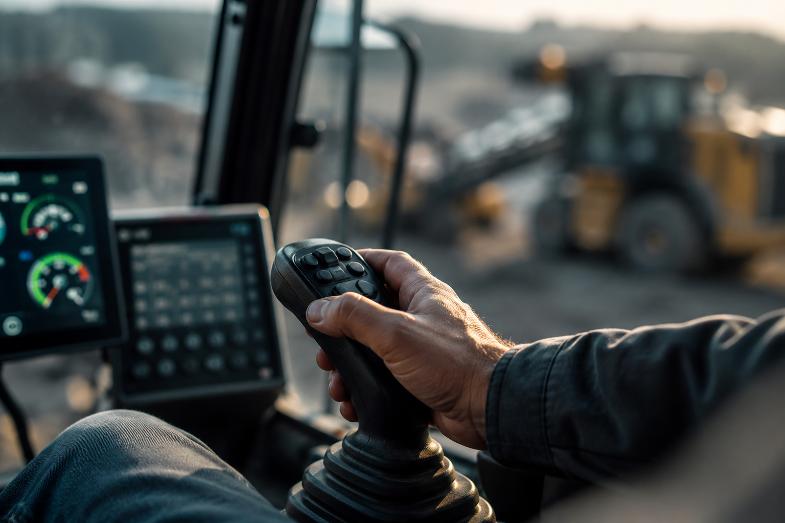 A person in the cab of a construction machine with a joystick control and monitor displays.