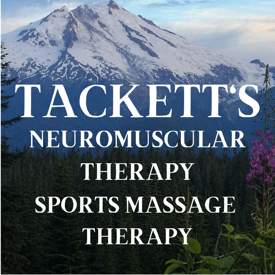 Text overlay on a scenic mountain landscape reading: 'TACKETT'S NEUROMUSCULAR THERAPY SPORTS MASSAGE THERAPY' with snow-covered mountains, trees, and purple flowers.