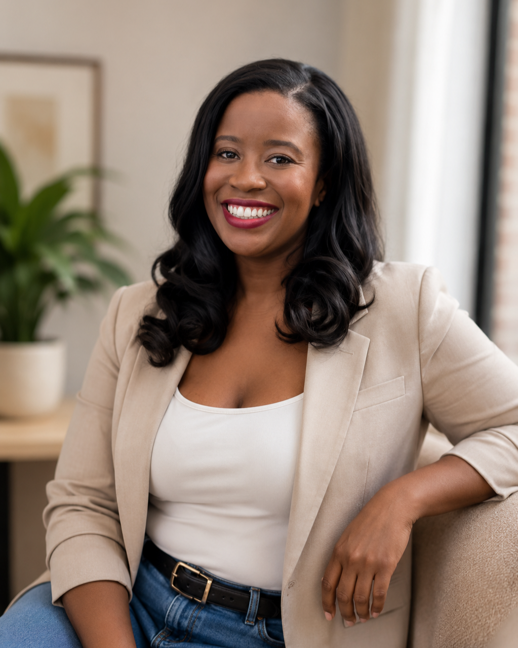 A smiling Black woman with black wavy hair, wearing a beige blazer, white top, and blue jeans, sitting in a modern indoor space with a plant in the background.