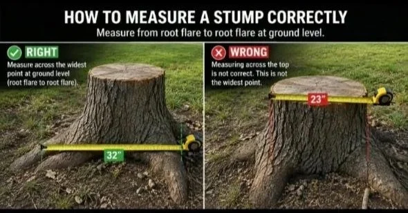 A diagram showing the correct and incorrect ways to measure a tree stump's height. On the left, the correct method measures from the ground to the root flare at ground level with a tape measure, showing 32 inches. On the right, the incorrect method measures across the top of the stump, which is not the widest point, showing 23 inches.