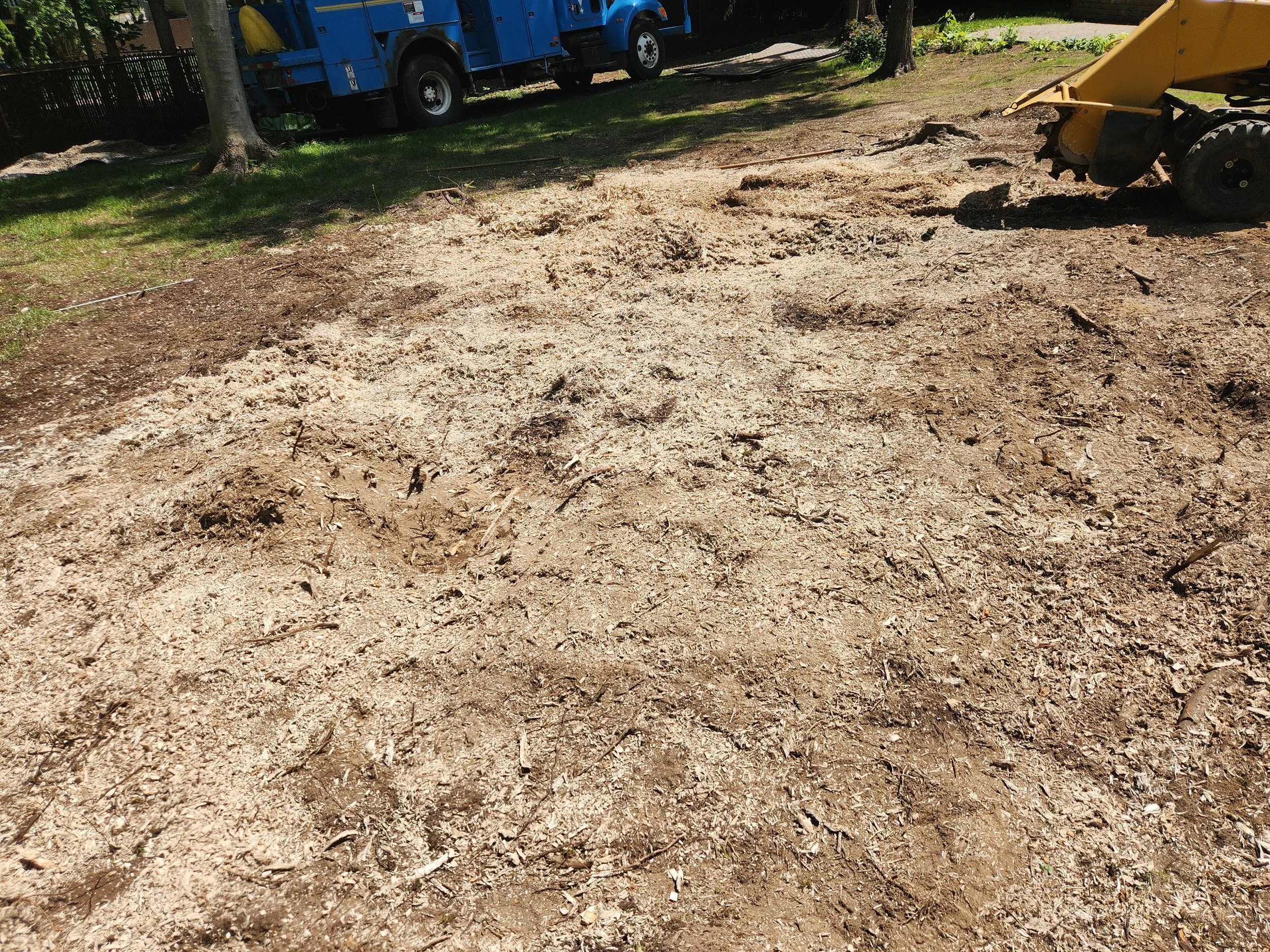 A construction scene showing a yellow backhoe digging into dirt on a grassy area, with a blue utility truck parked in the background near trees.