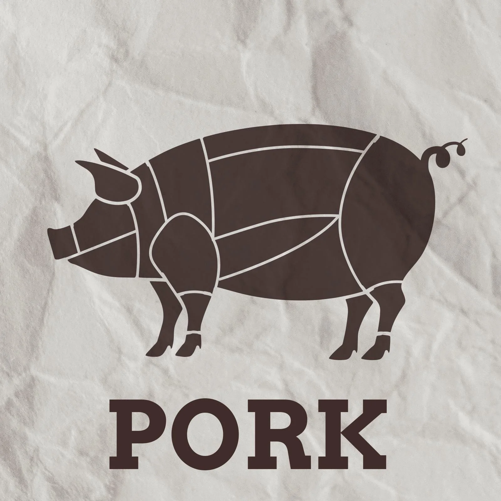 A stylized illustration of a pig made of segmented dark brown shapes, with the word 'PORK' in bold capital letters below.