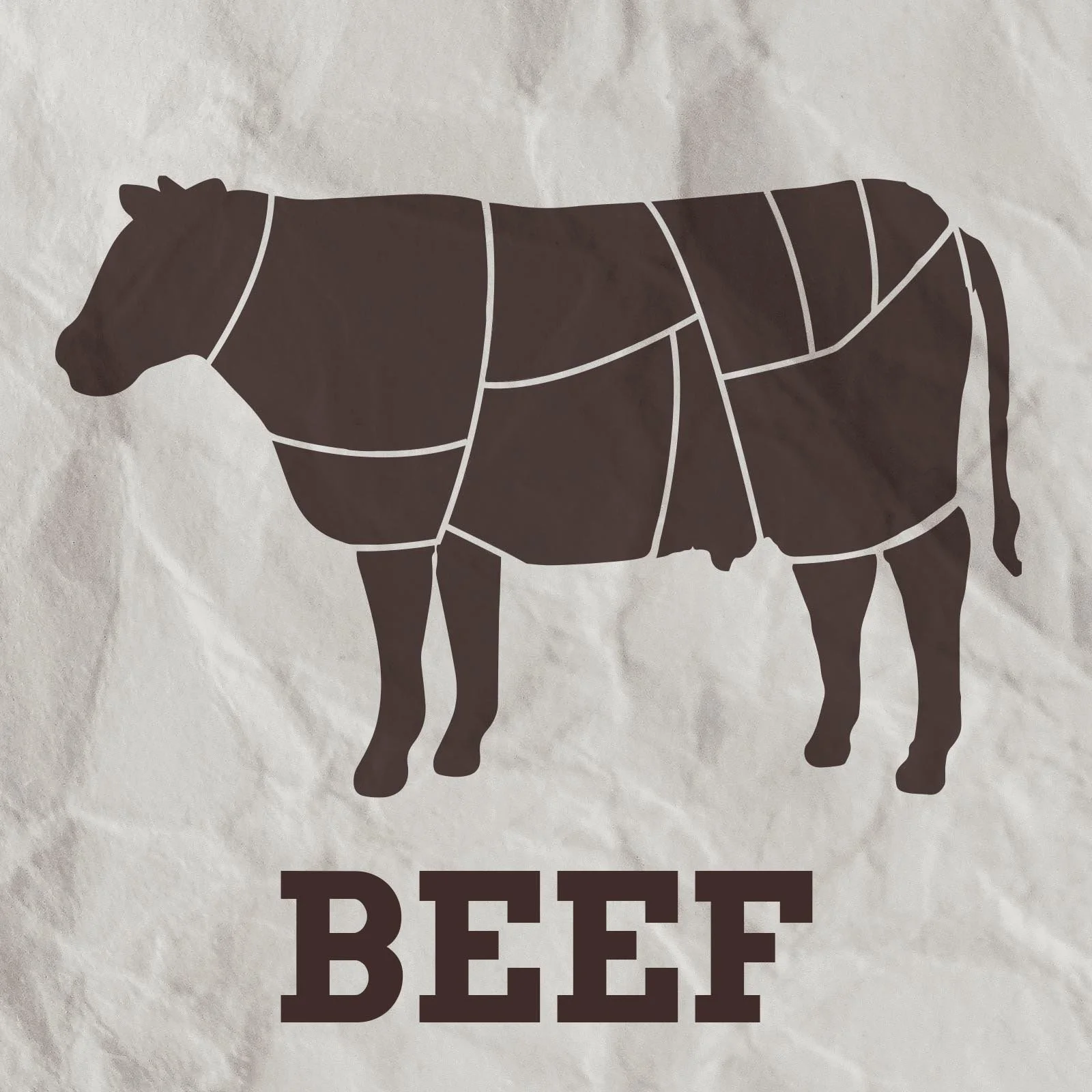 Silhouette of a cow with white lines dividing it into sections, above the word "BEEF" in bold capital letters.