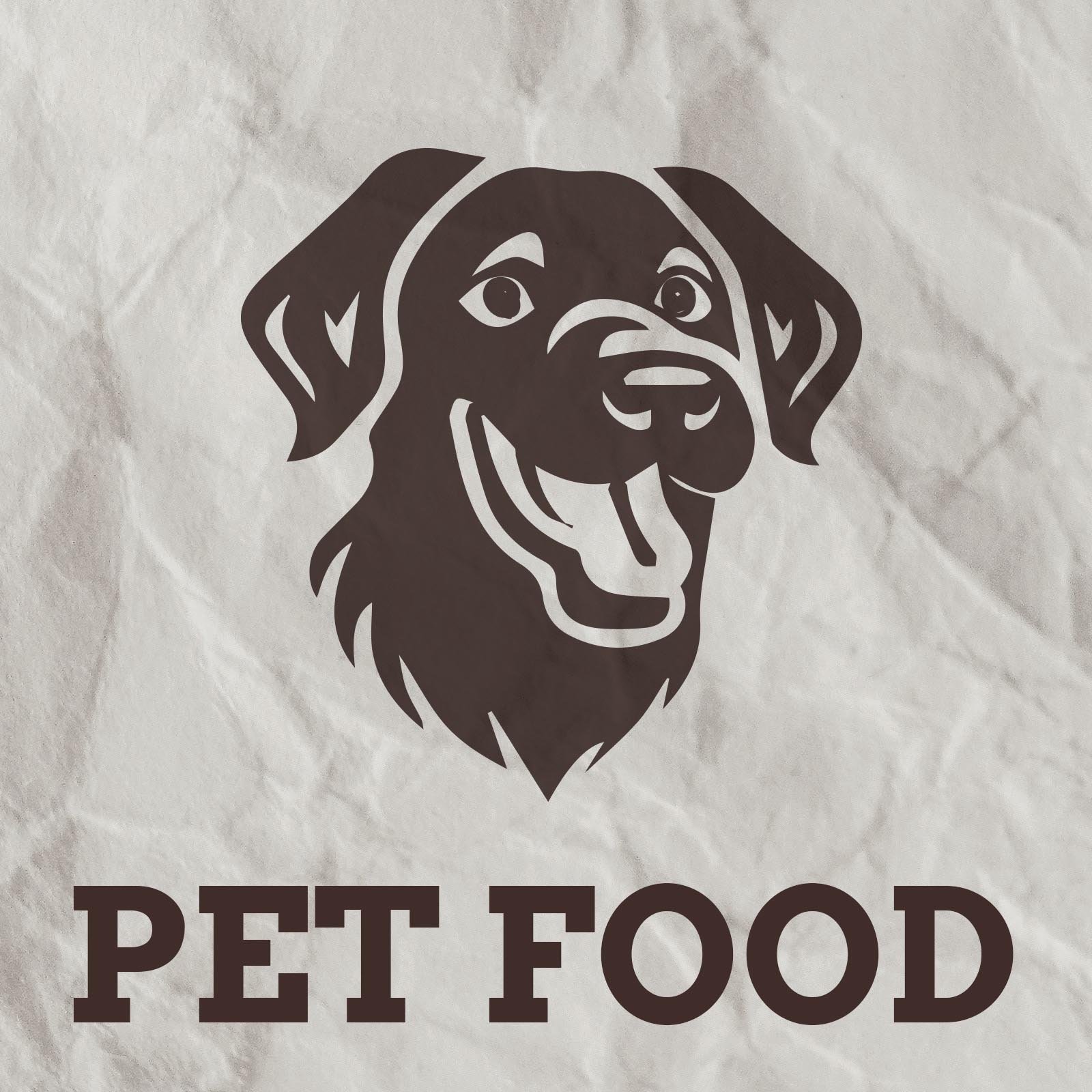 A logo featuring a dog's face above the words "PET FOOD" on a crumpled white background.